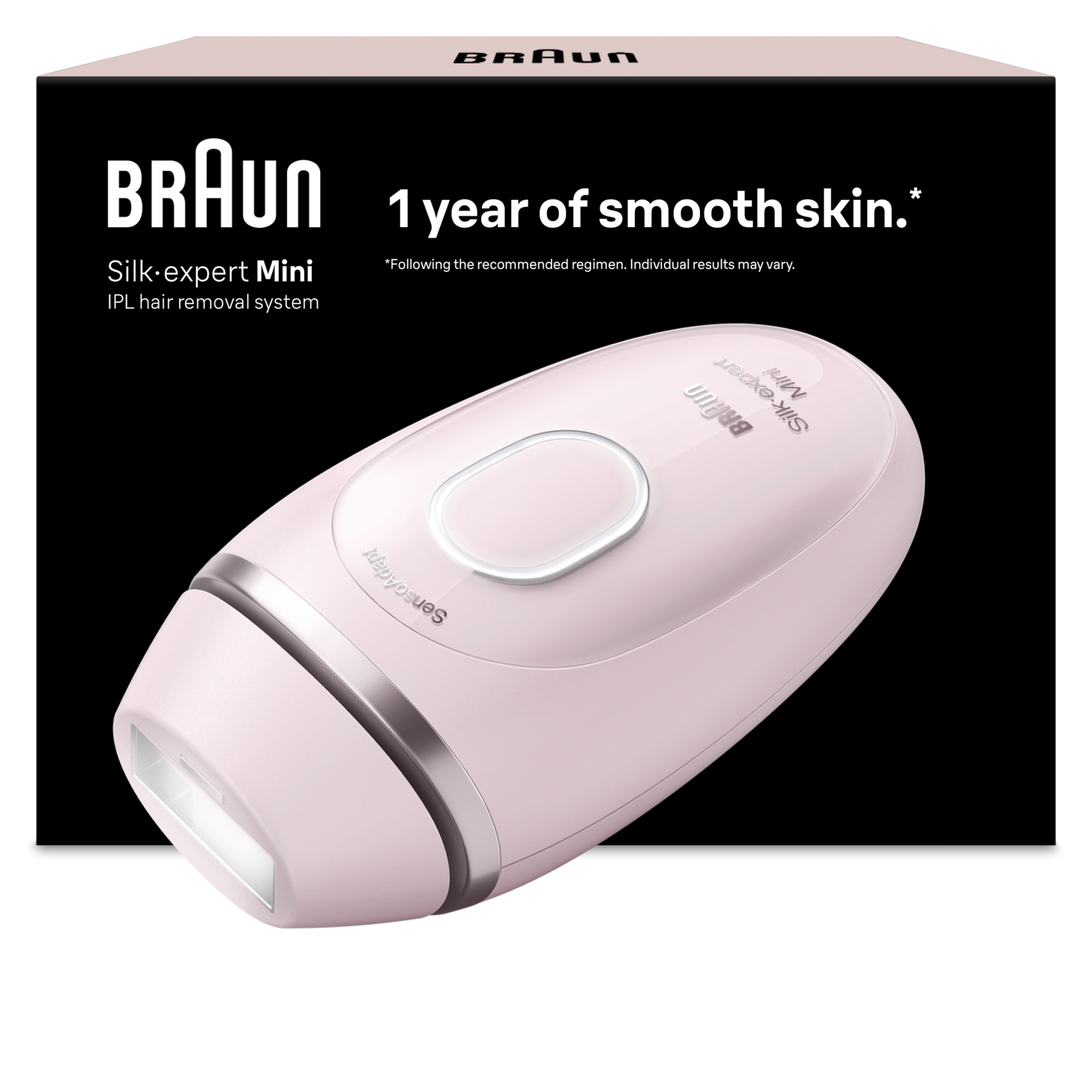 Egy rózsaszín Braun Silk-expert Mini IPL szőrtelenítő készülék fekete háttéren.