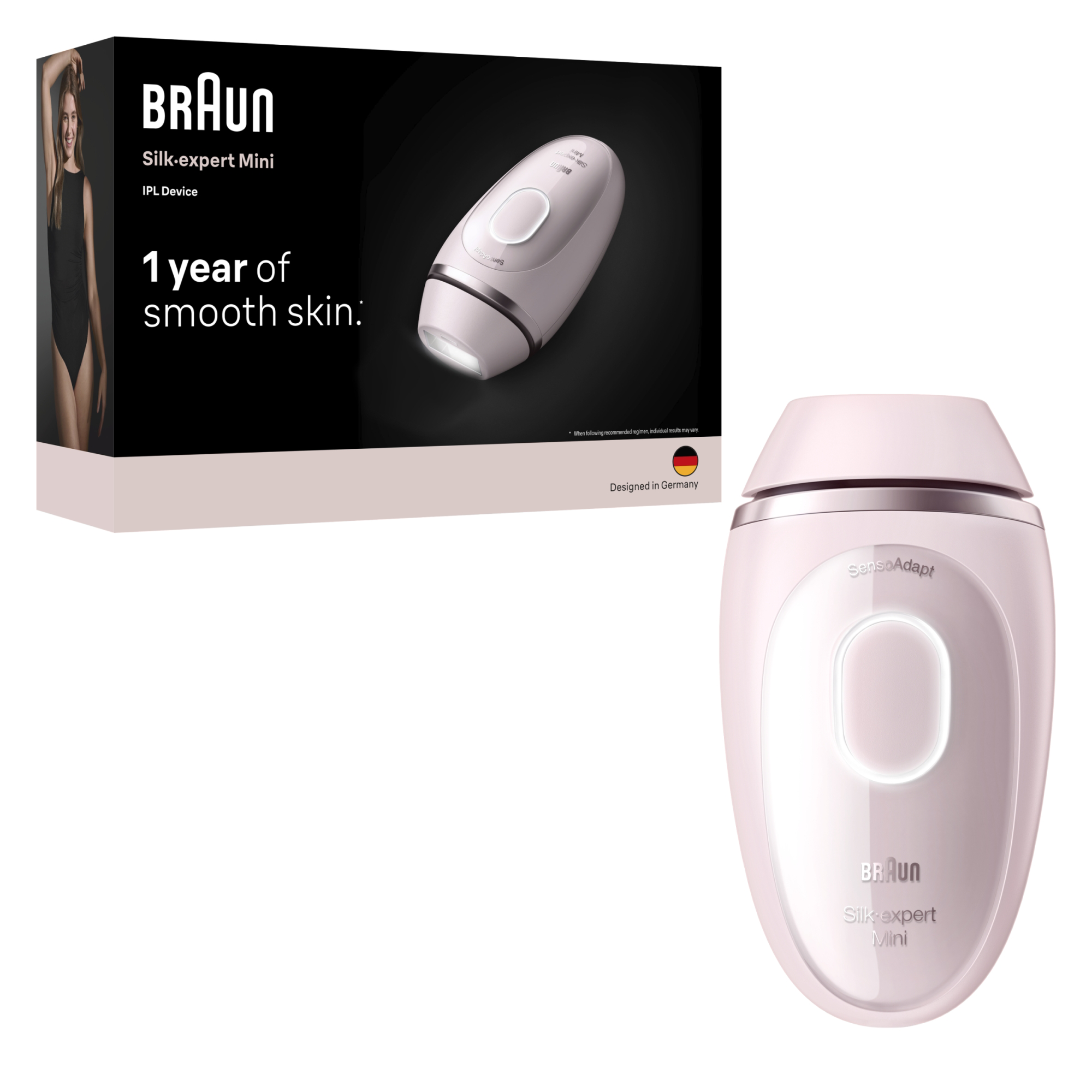 Braun Silk-expert Mini IPL készülék és doboz nővel. Világos rózsaszín készülék.