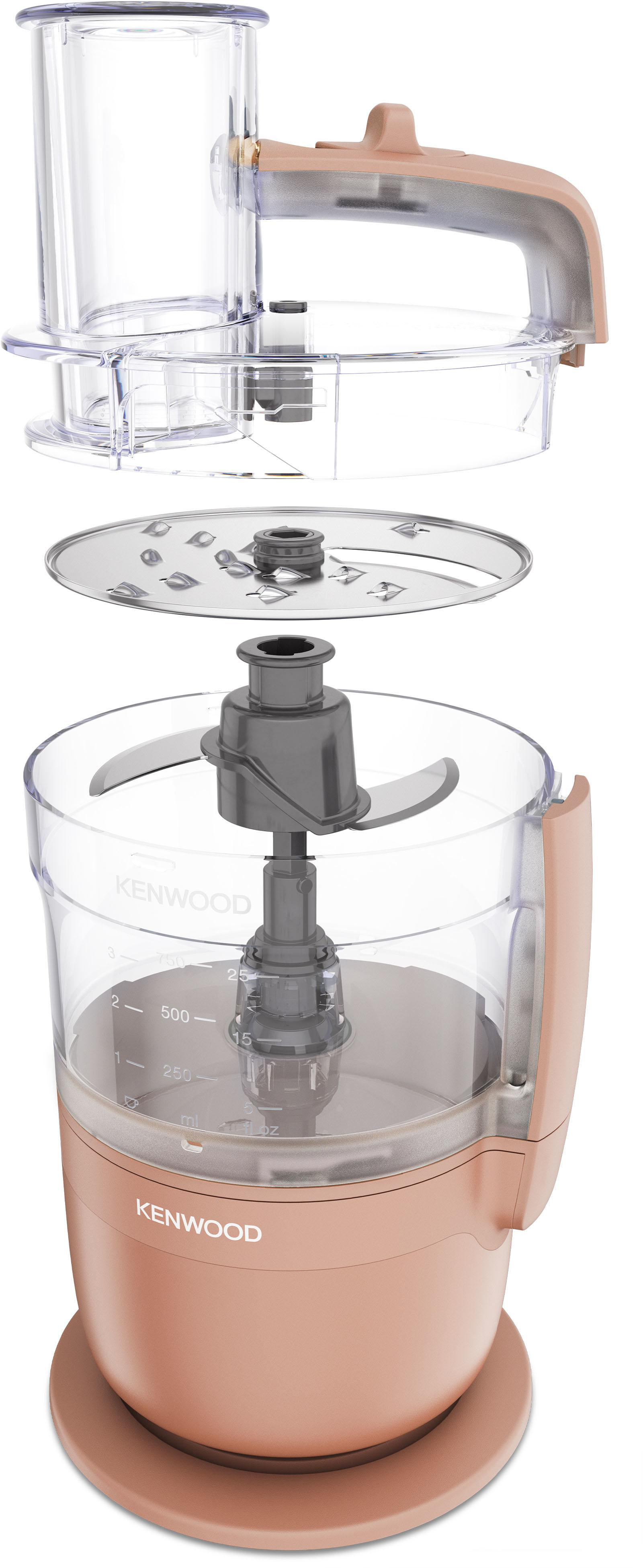 Ein rosa Kenwood Food Processor mit abnehmbaren Teilen wie Klinge und Schüssel.