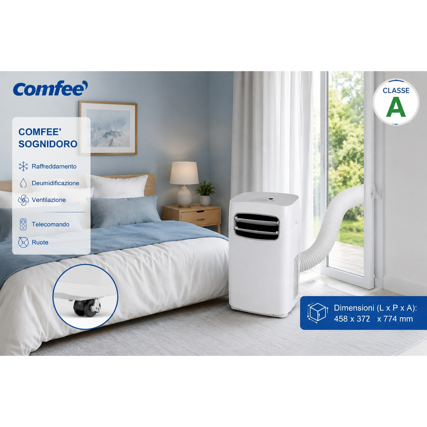 Un condizionatore portatile bianco in una camera da letto vicino a un letto, con tubo di scarico.