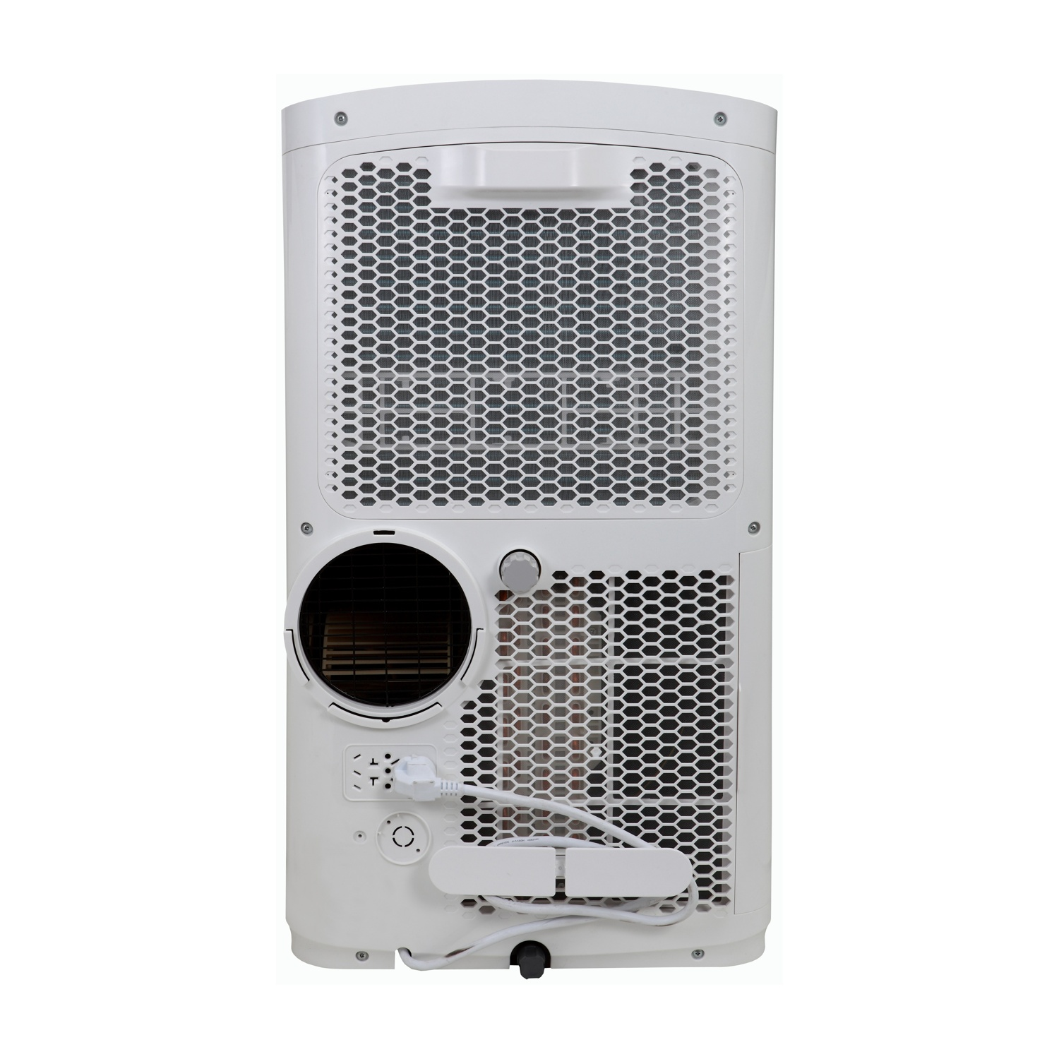 Retro di un condizionatore bianco con griglia di ventilazione, presa e cavo.