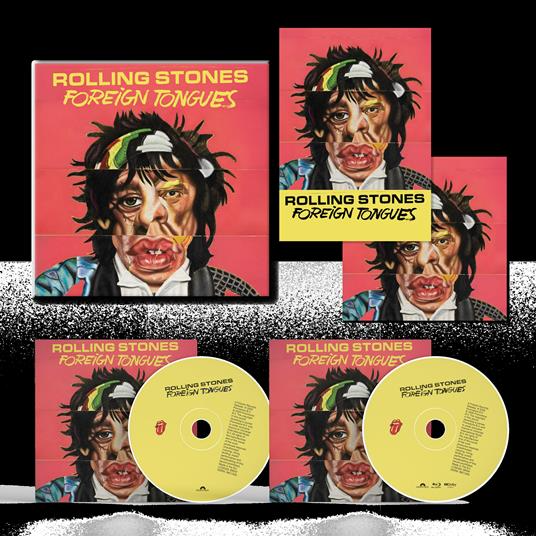 Couverture de Rolling Stones Foreign Tongues avec caricature de Mick Jagger, CD et coffret.