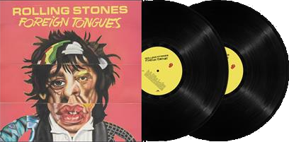 De hoes toont een vervormde karikatuur van Mick Jagger met de titel "Foreign Tongues".