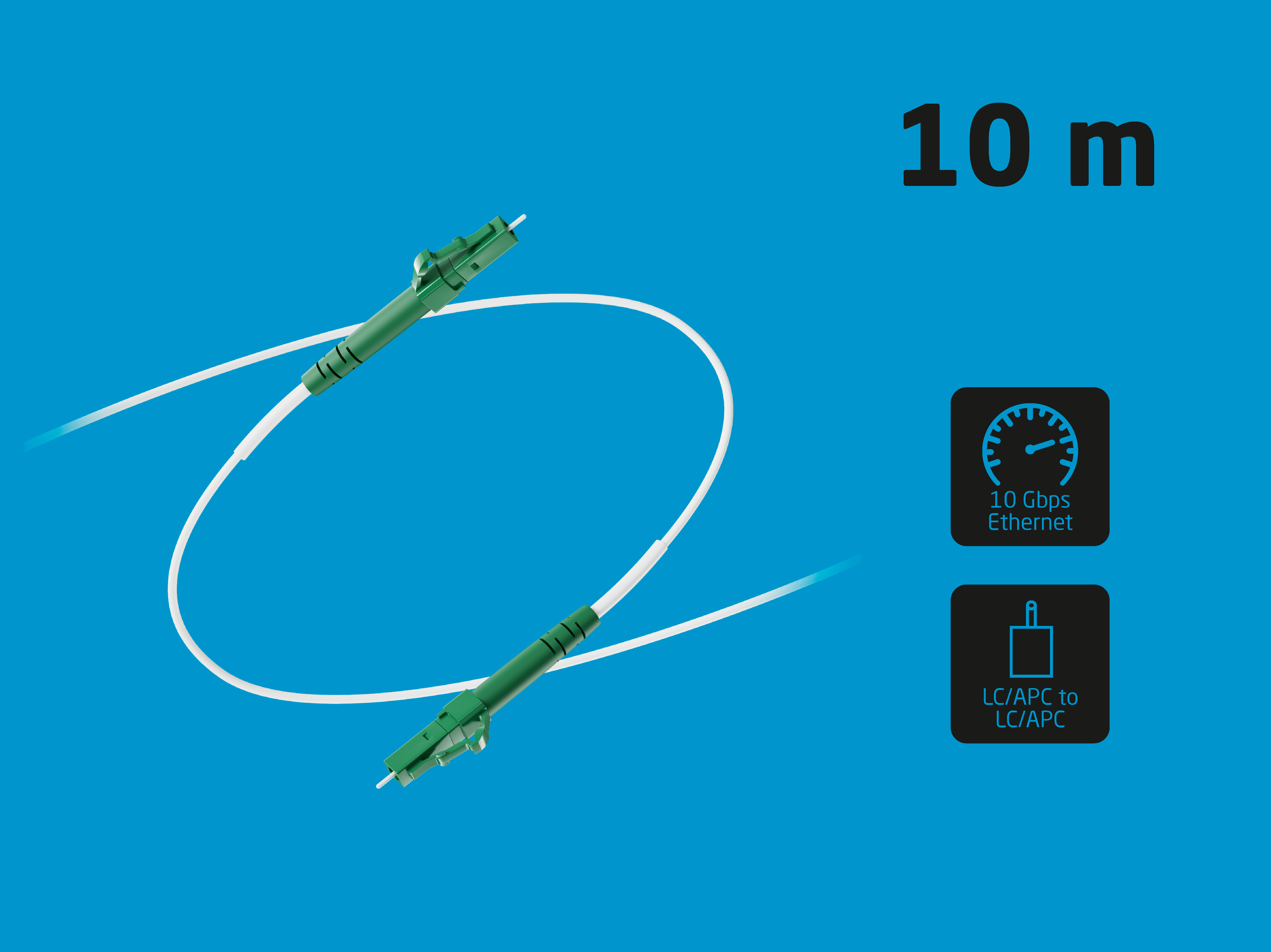 10m Glasfaserkabel mit grünen LC/APC-Steckern, 10 Gbps Ethernet.