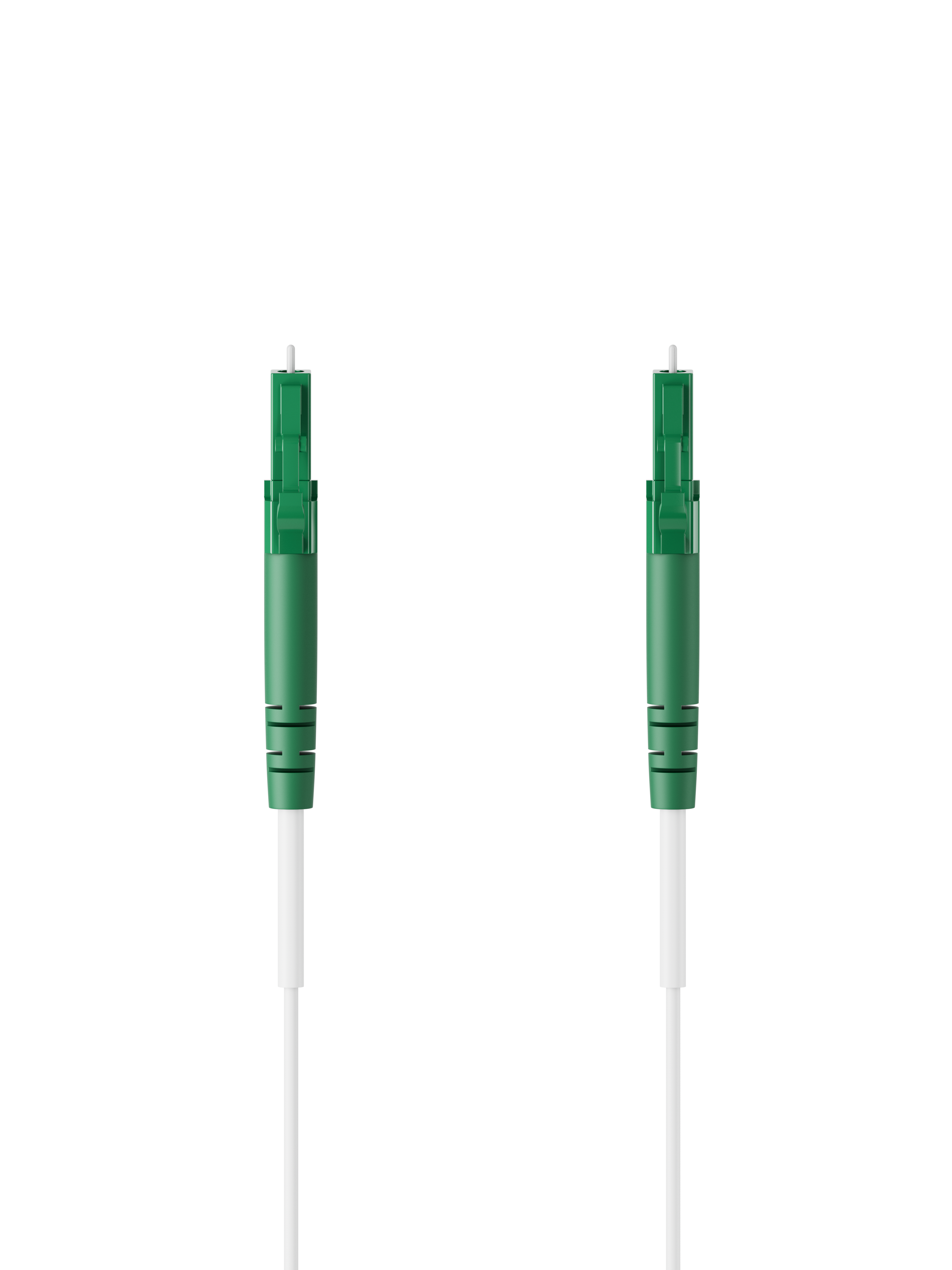 Zwei grüne Glasfaserkabelstecker mit weißen Kabeln auf schwarzem Hintergrund.