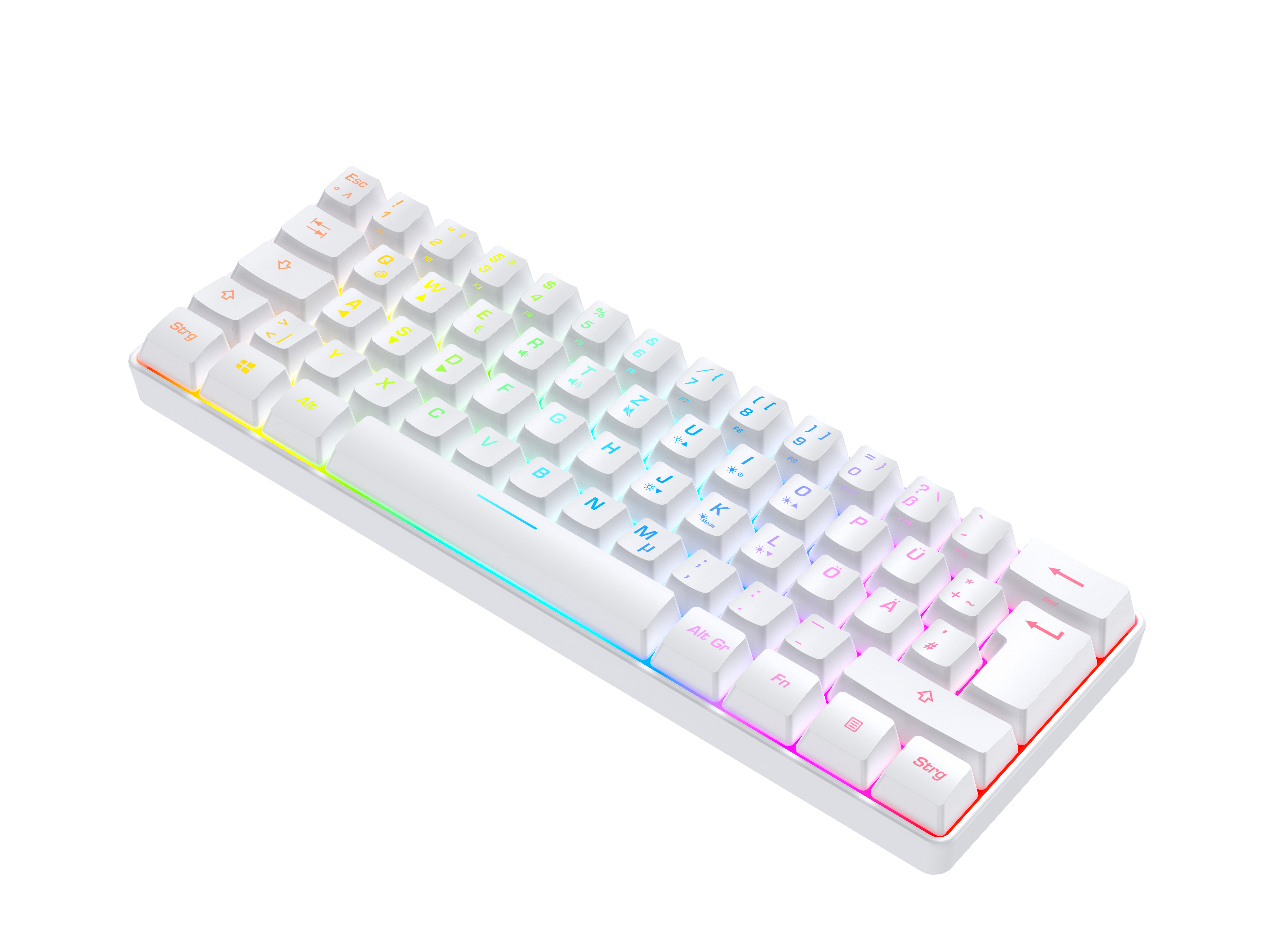 Eine weiße Tastatur mit RGB-Beleuchtung und bunten Tastenbeschriftungen.