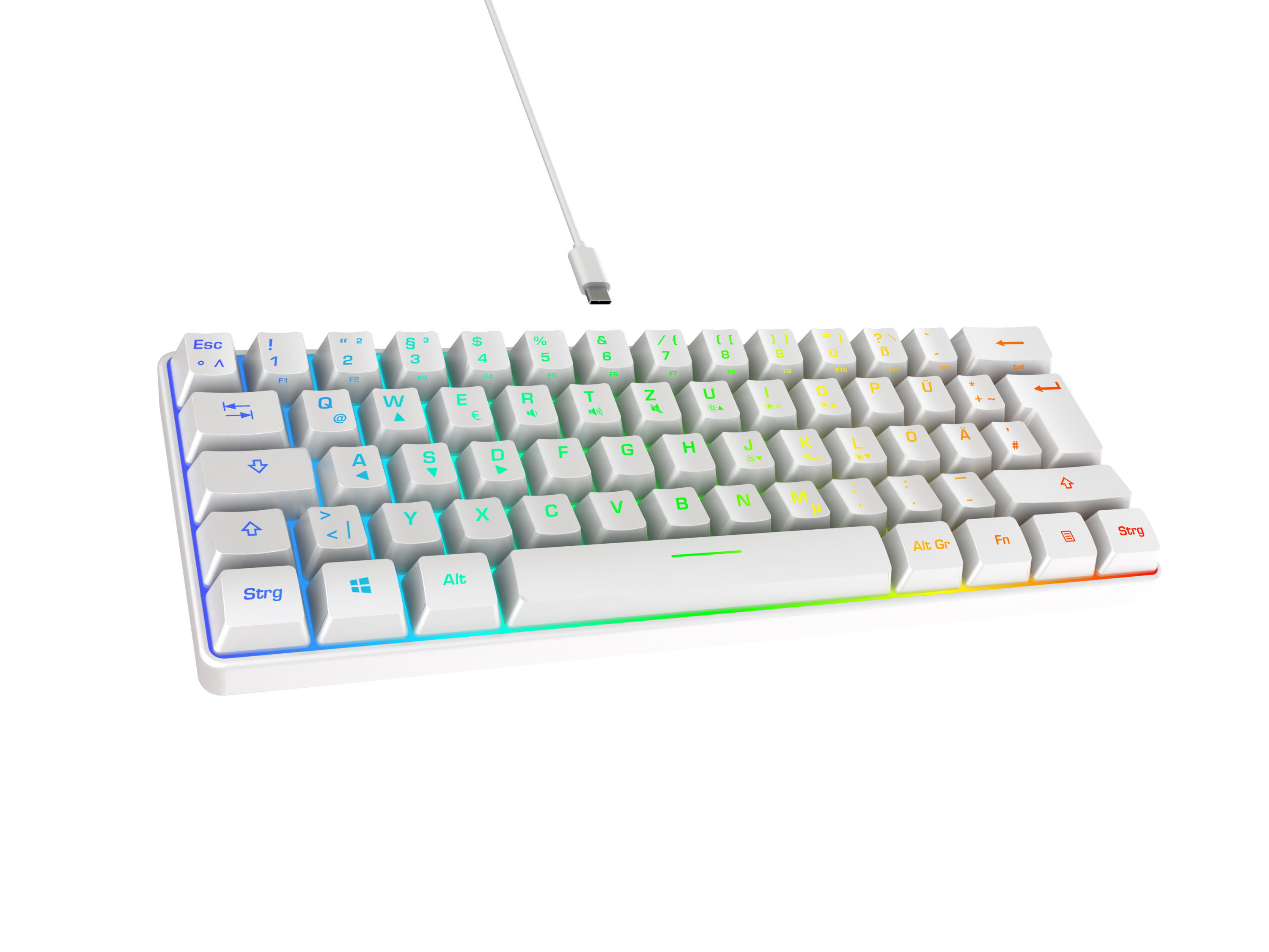 Eine weiße mechanische Tastatur mit RGB-Beleuchtung und USB-C-Kabel.