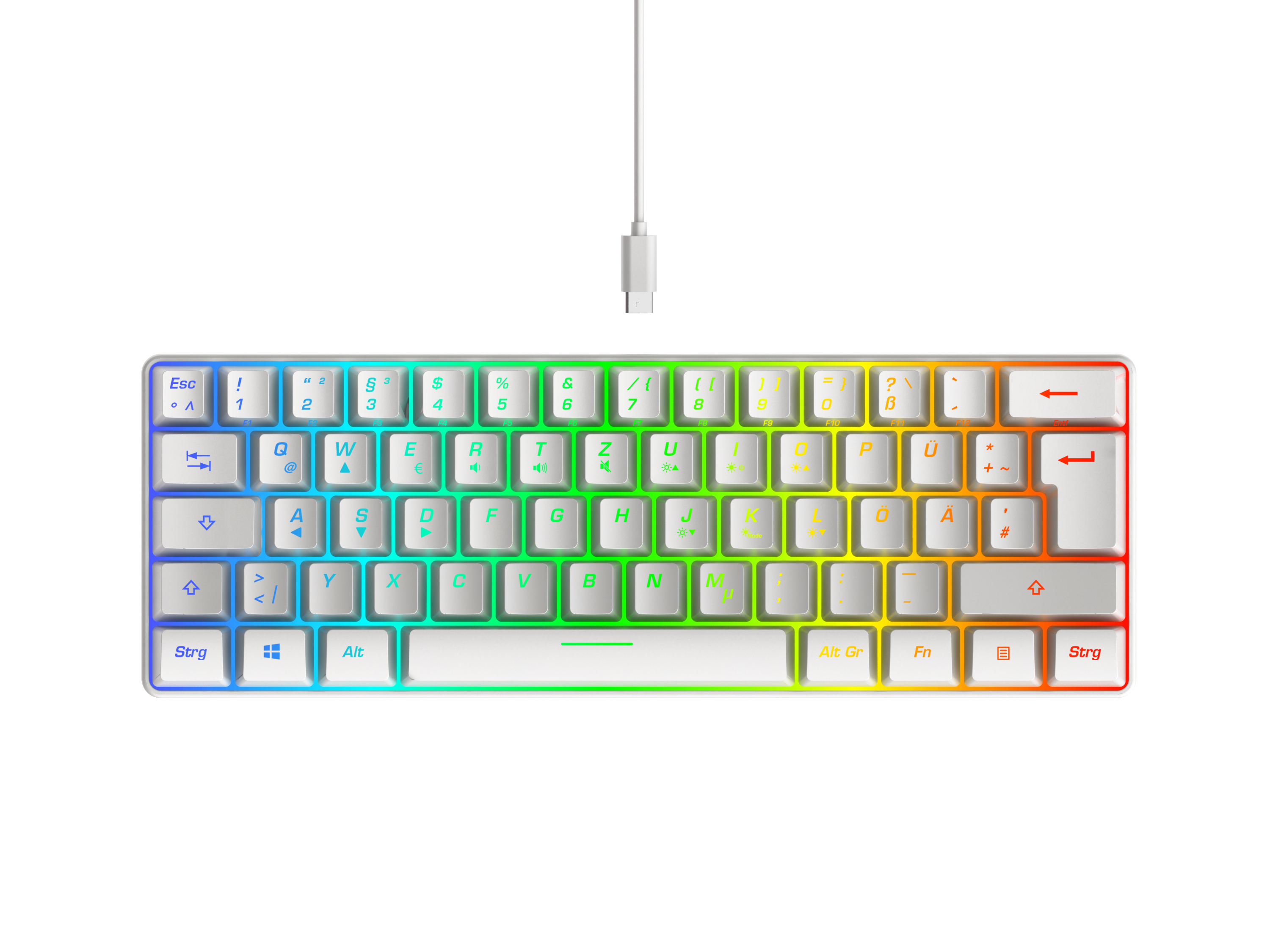 Weiße Tastatur mit RGB-Beleuchtung und weißem USB-C-Kabel.