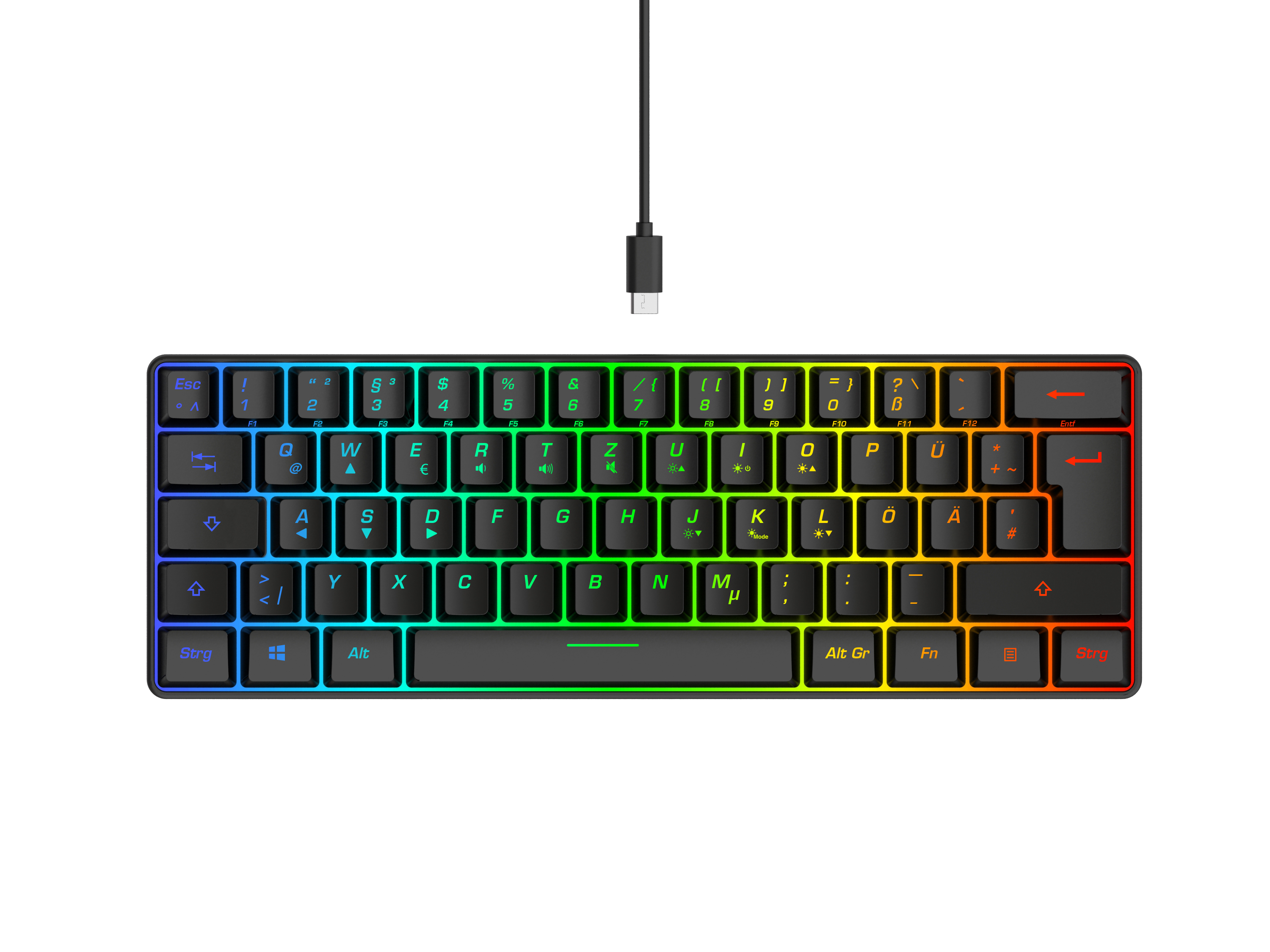 Kompakte Tastatur mit RGB-Beleuchtung und USB-C-Kabel.