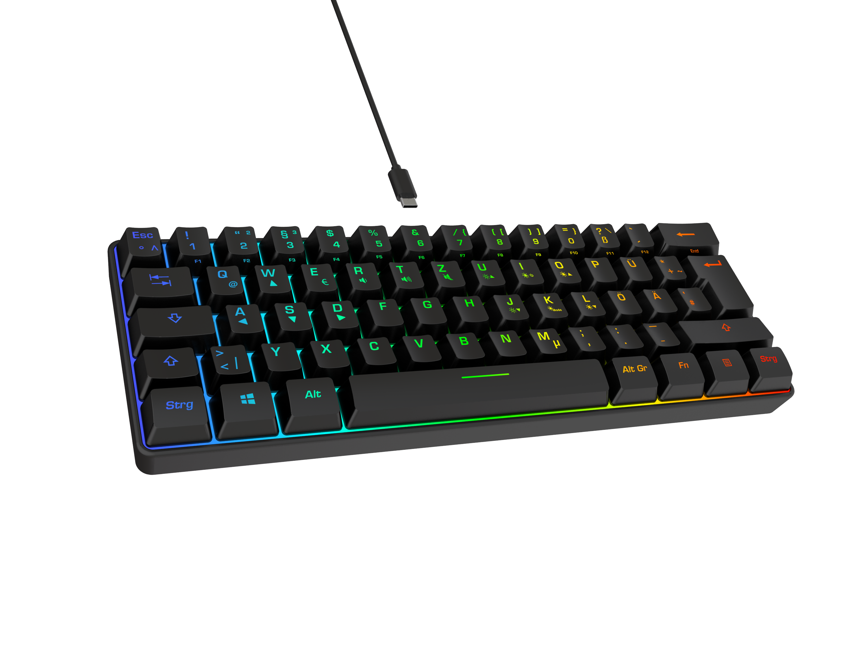 Eine schwarze Tastatur mit RGB-Beleuchtung und einem USB-C-Kabel.