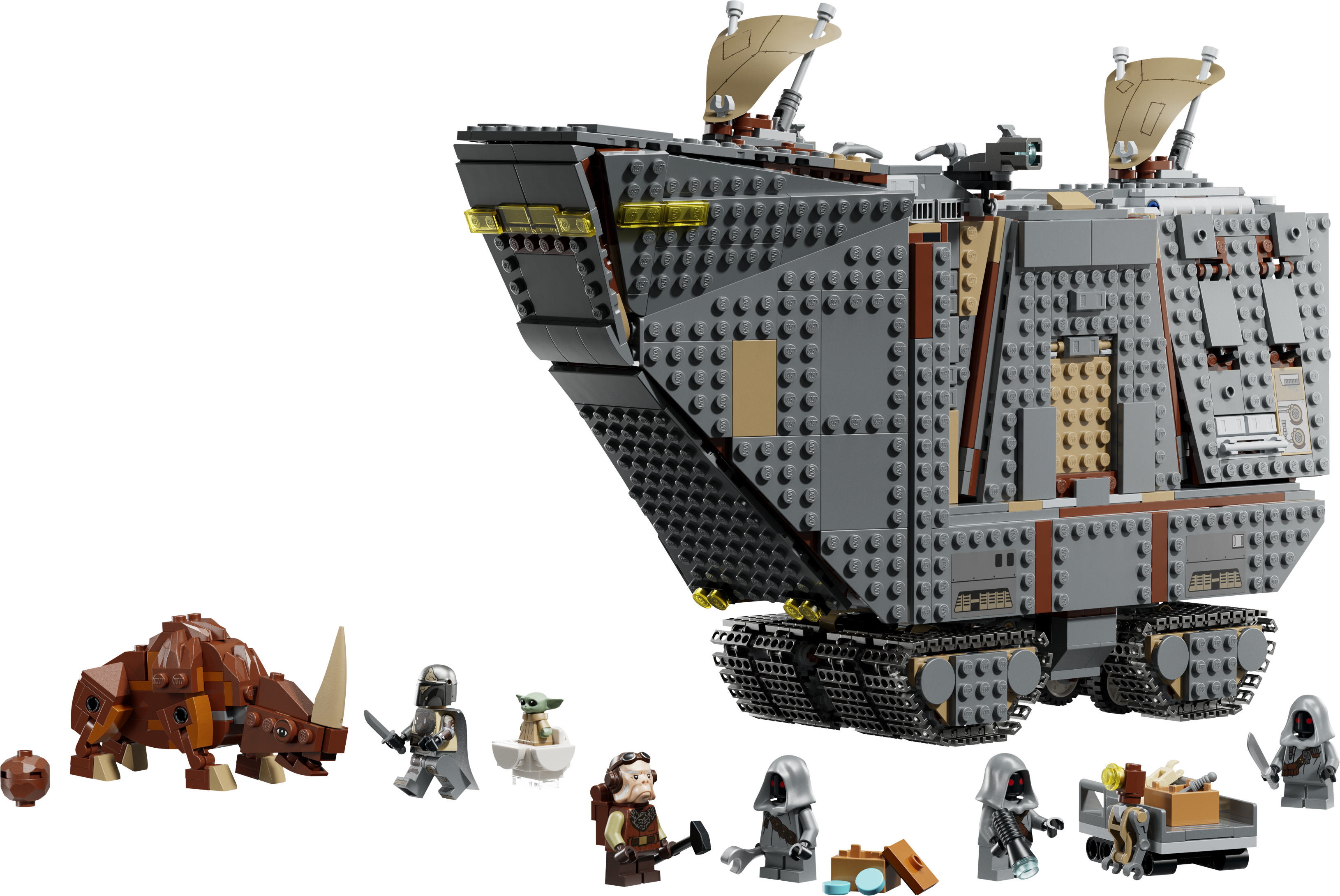 LEGO-Nachbildung eines Transporters mit Figuren, darunter ein Nashorn, Mandalorianer und Grogu.