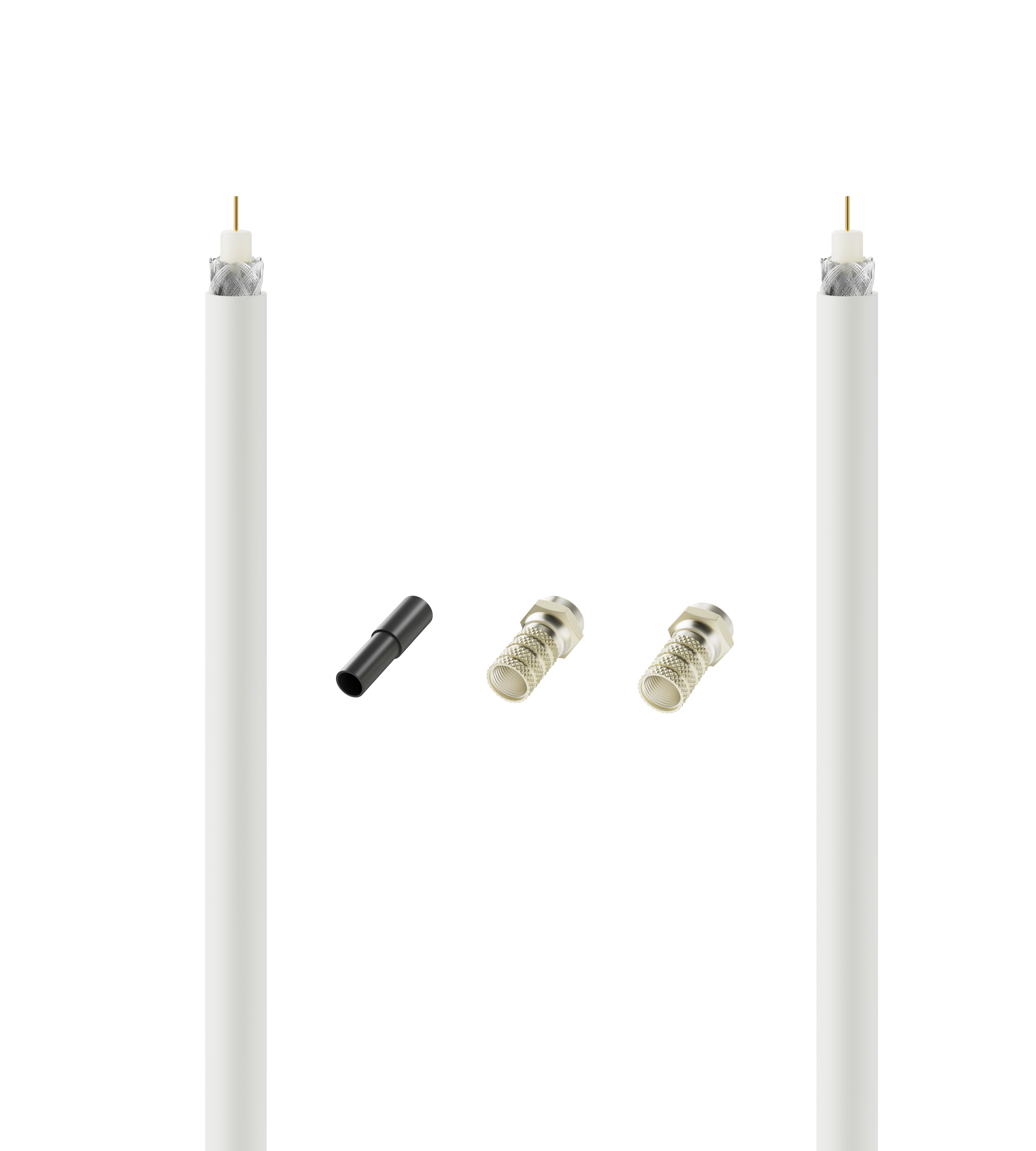 Zwei weiße Koaxialkabel mit einem schwarzen Stecker und zwei silbernen Steckern.