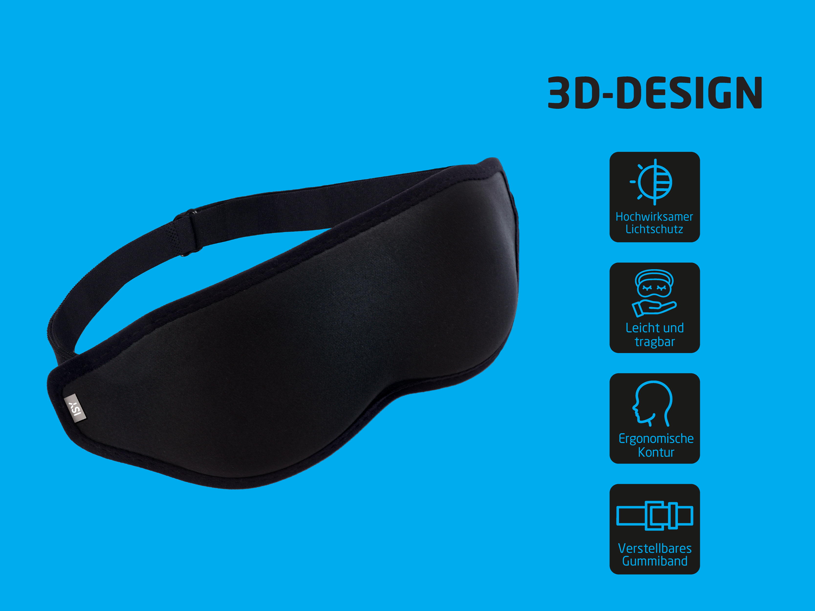 Schwarze 3D-Schlafmaske mit verstellbarem Band auf blauem Hintergrund.