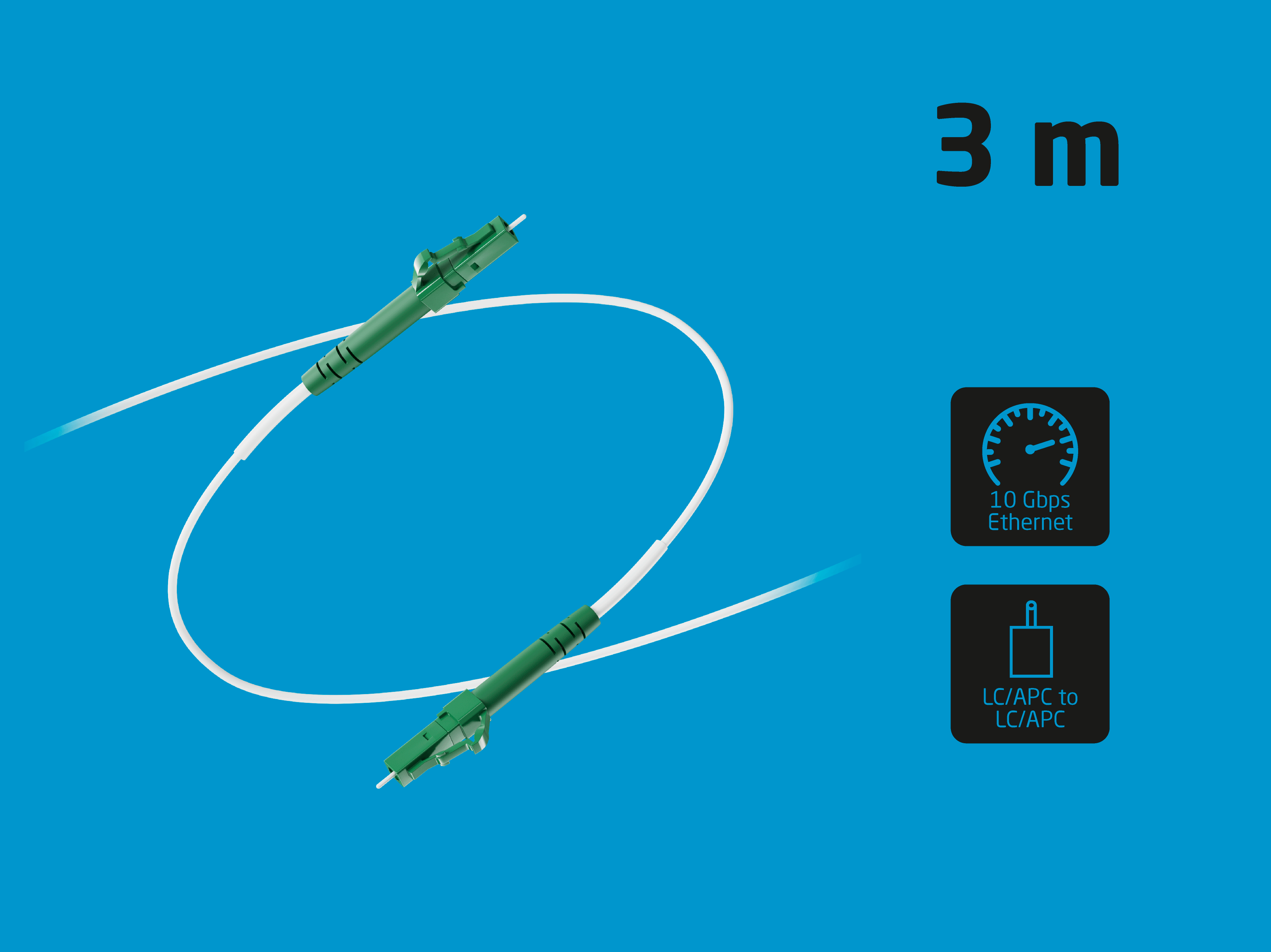 3m Glasfaserkabel mit LC/APC-Steckern und 10 Gbps Ethernet-Symbol.