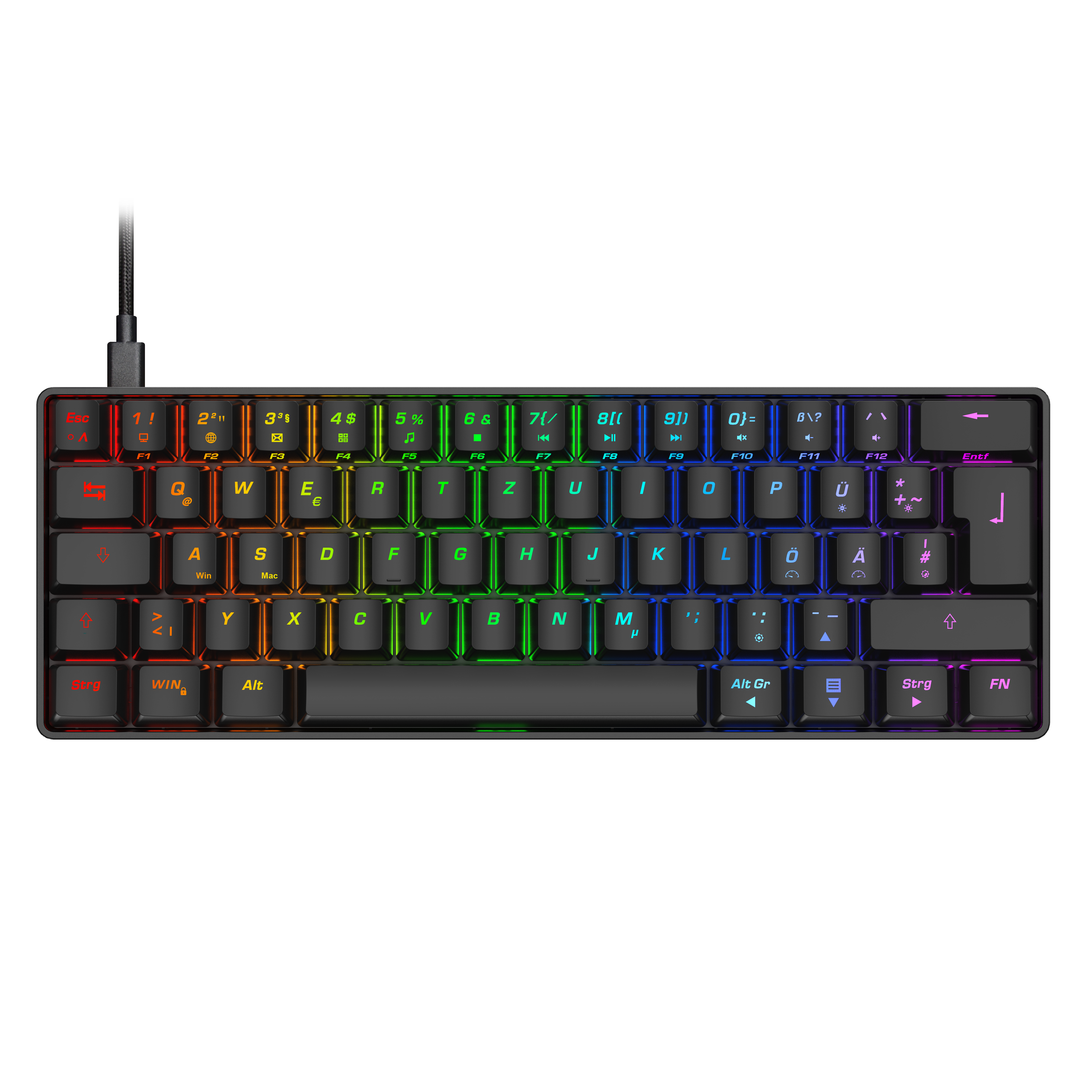 Eine kompakte Tastatur mit RGB-Beleuchtung und schwarzer Oberfläche.