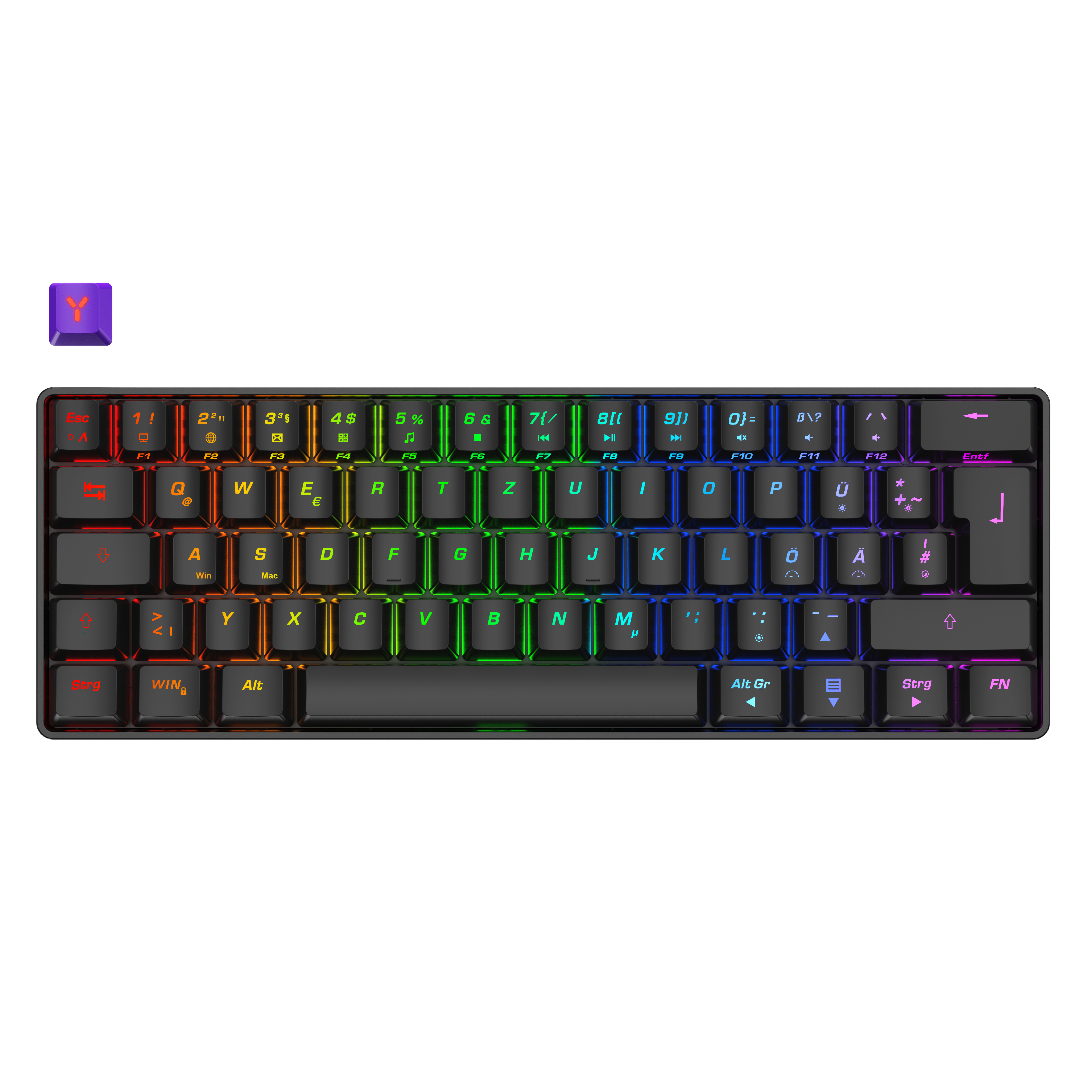 Eine kompakte Tastatur mit RGB-Beleuchtung und lila Y-Taste.