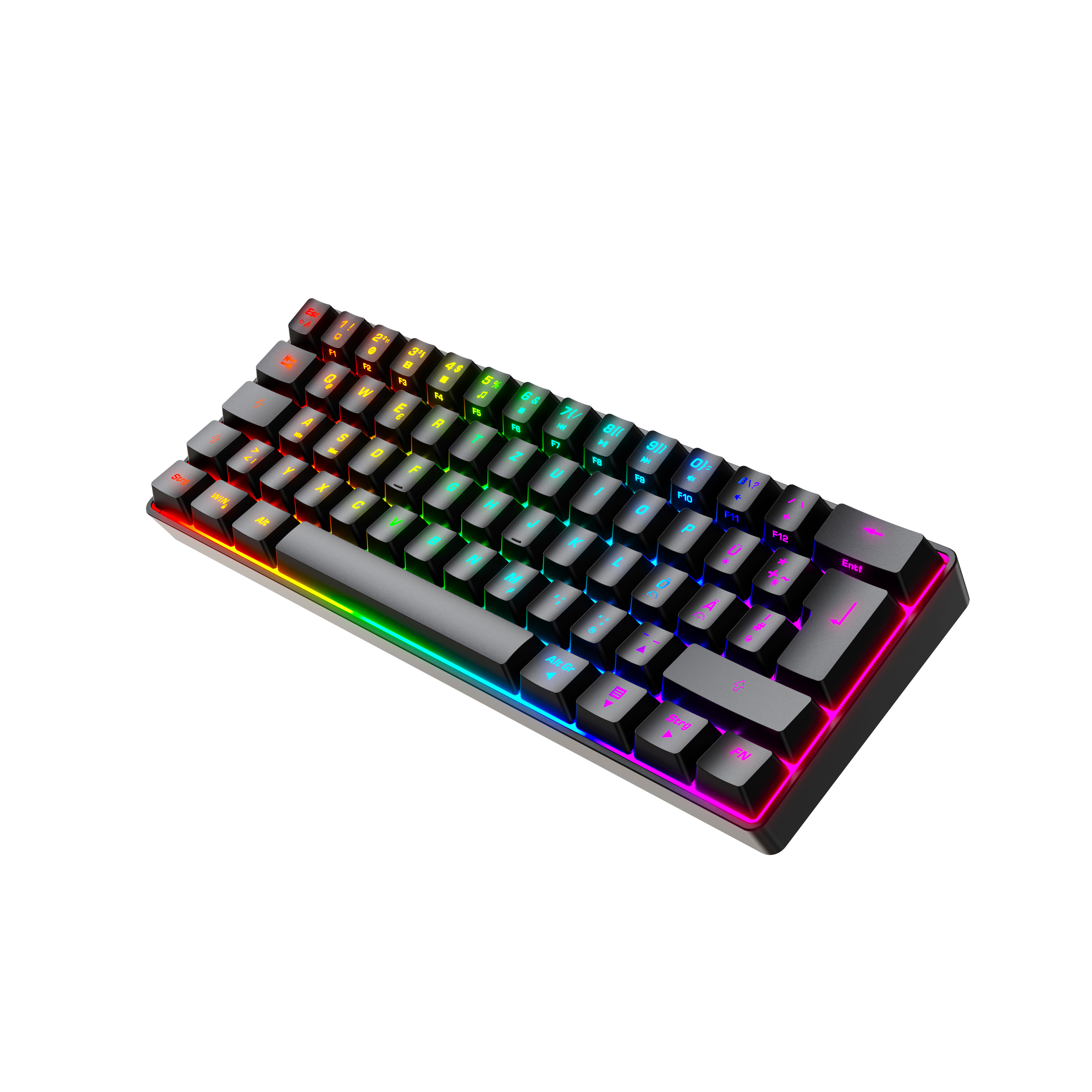 Eine schwarze Tastatur mit RGB-Beleuchtung und bunten Tasten wird aus einem Winkel gezeigt.