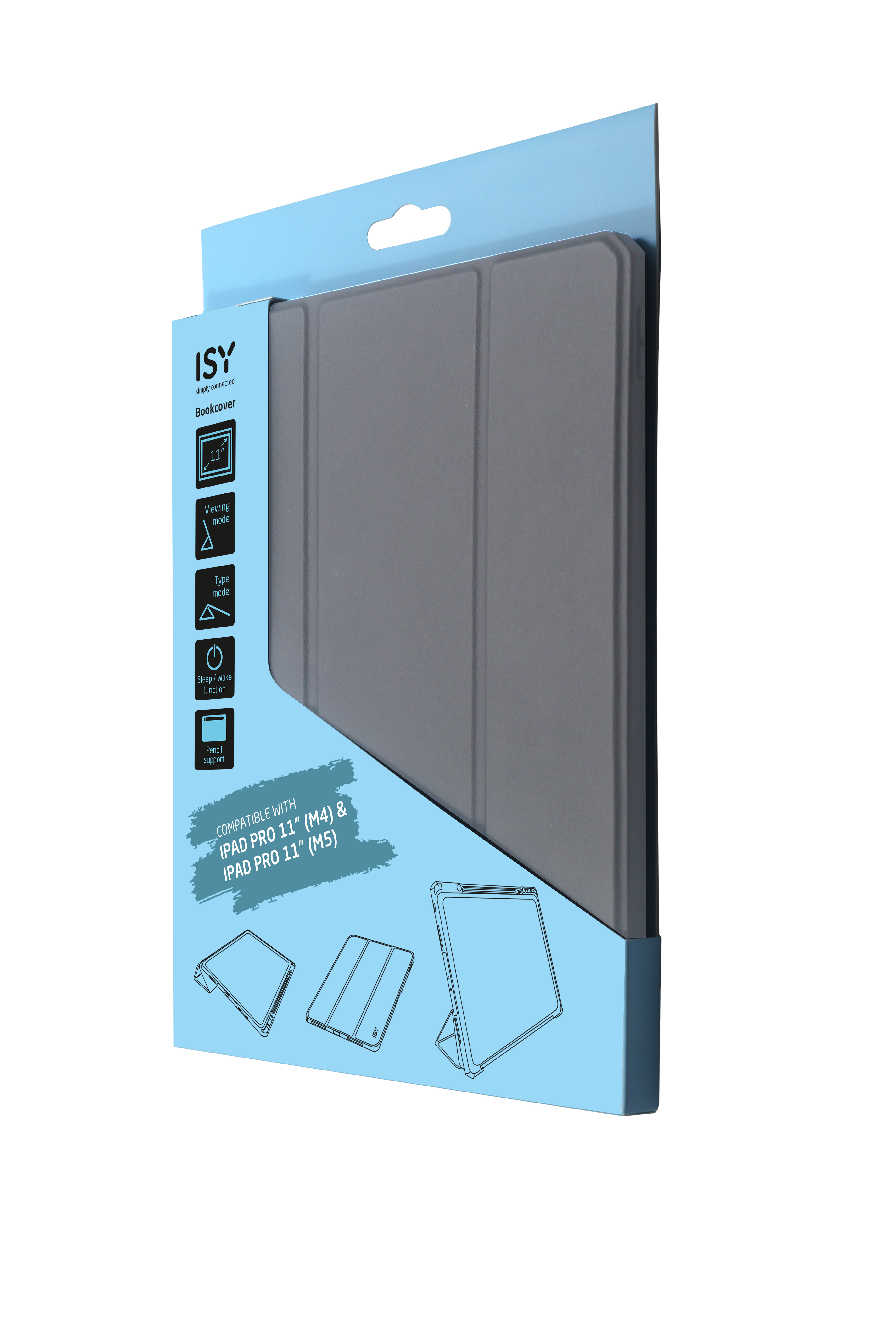 Graue ISY Bookcover-Hülle für 11 Zoll iPads mit Funktionen.