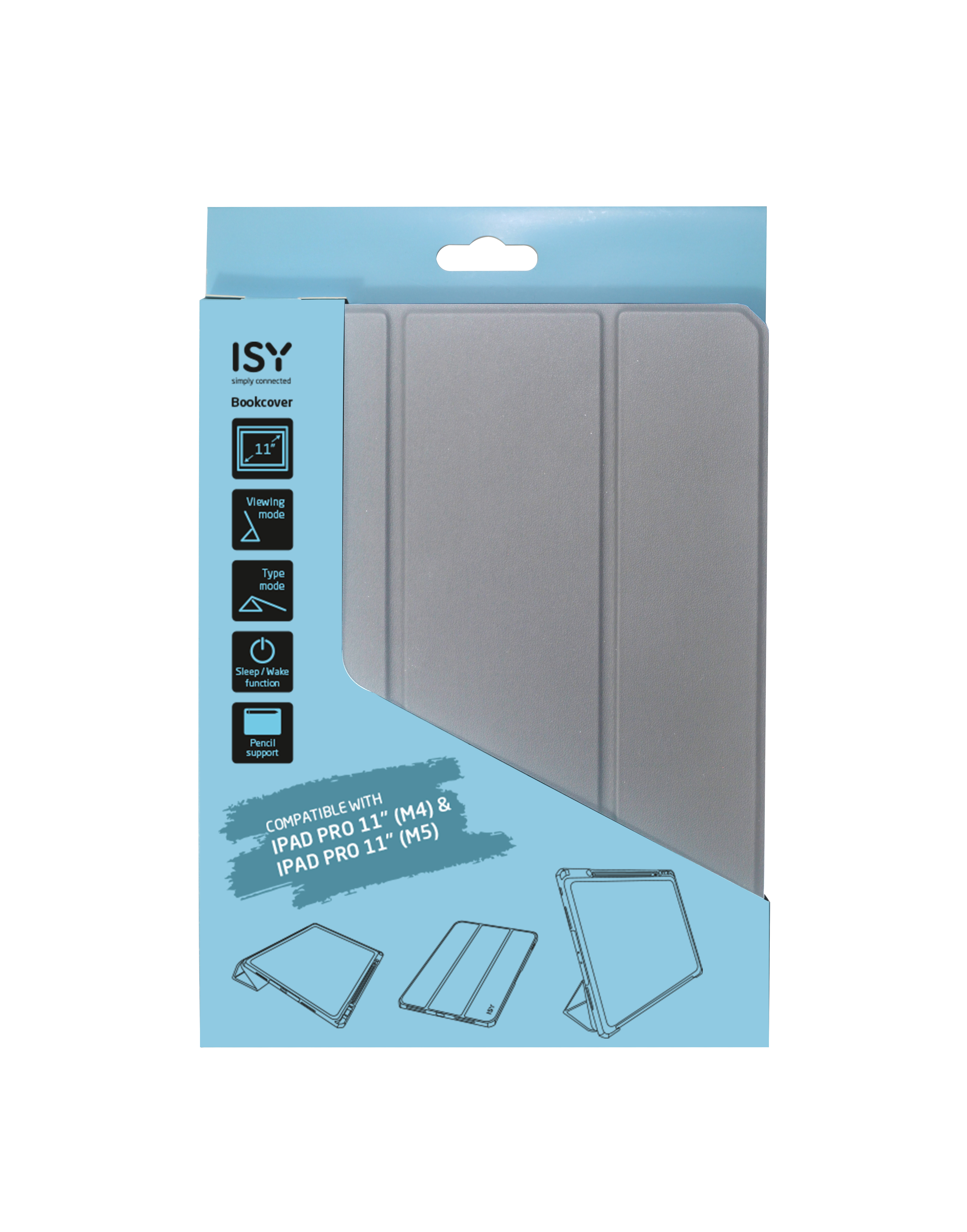 Grauer ISY iPad Pro 11" Buchcover mit Funktionen wie Blick-/Tippmodus.