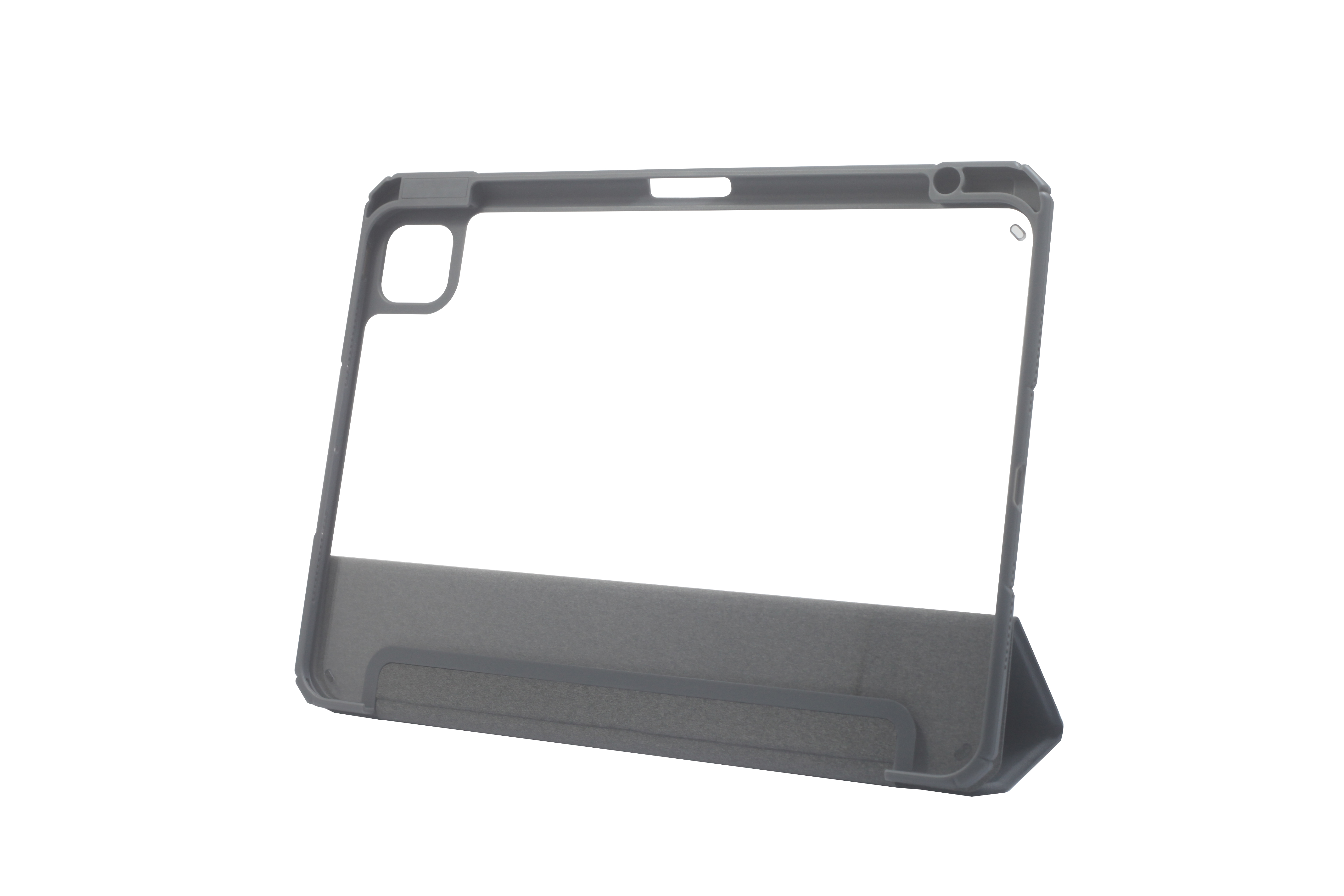 Graue Hülle mit Ständerfunktion für ein Tablet, isoliert auf weißem Hintergrund.