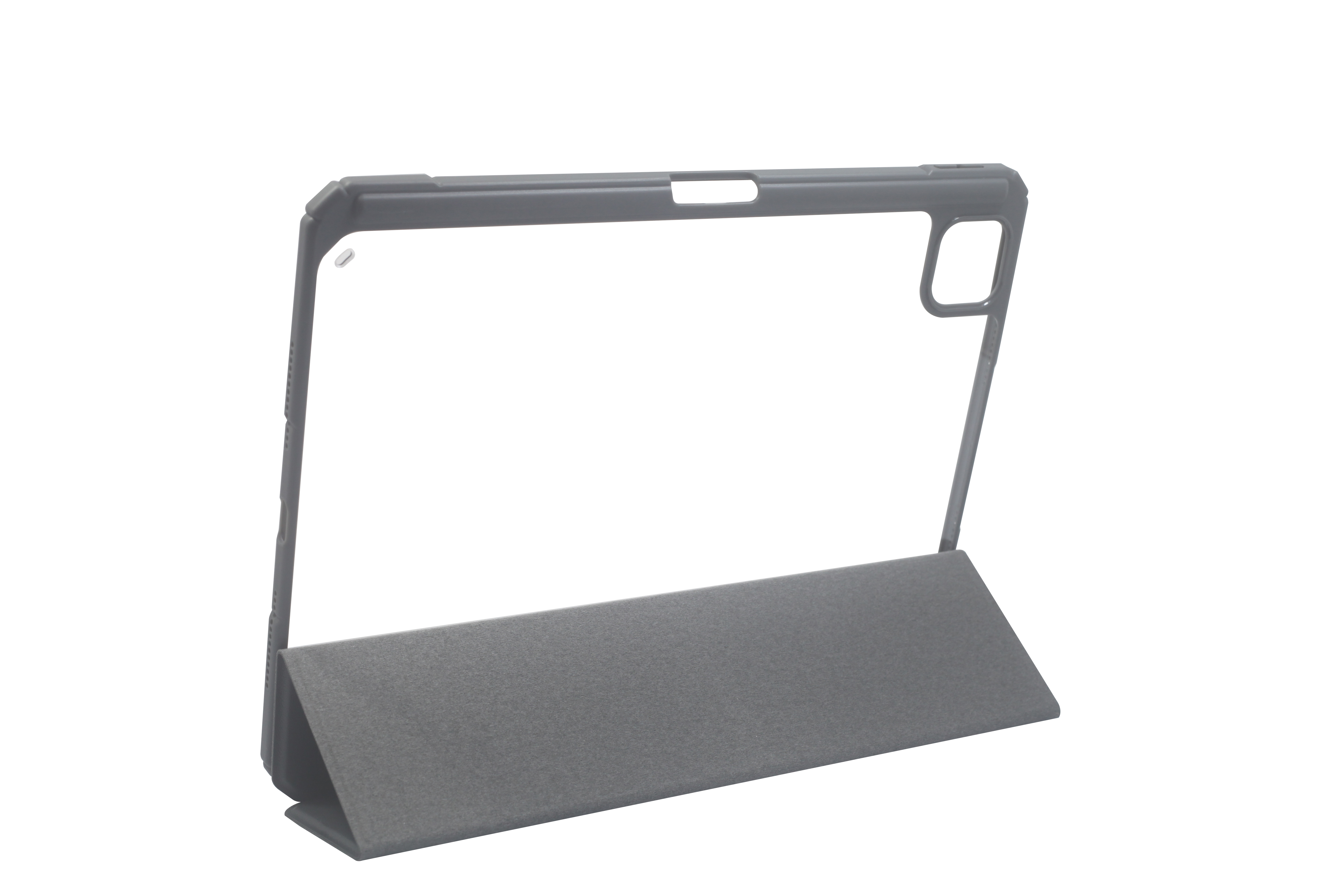 Graue Tablet-Hülle mit Ständer, auf weißem Hintergrund.