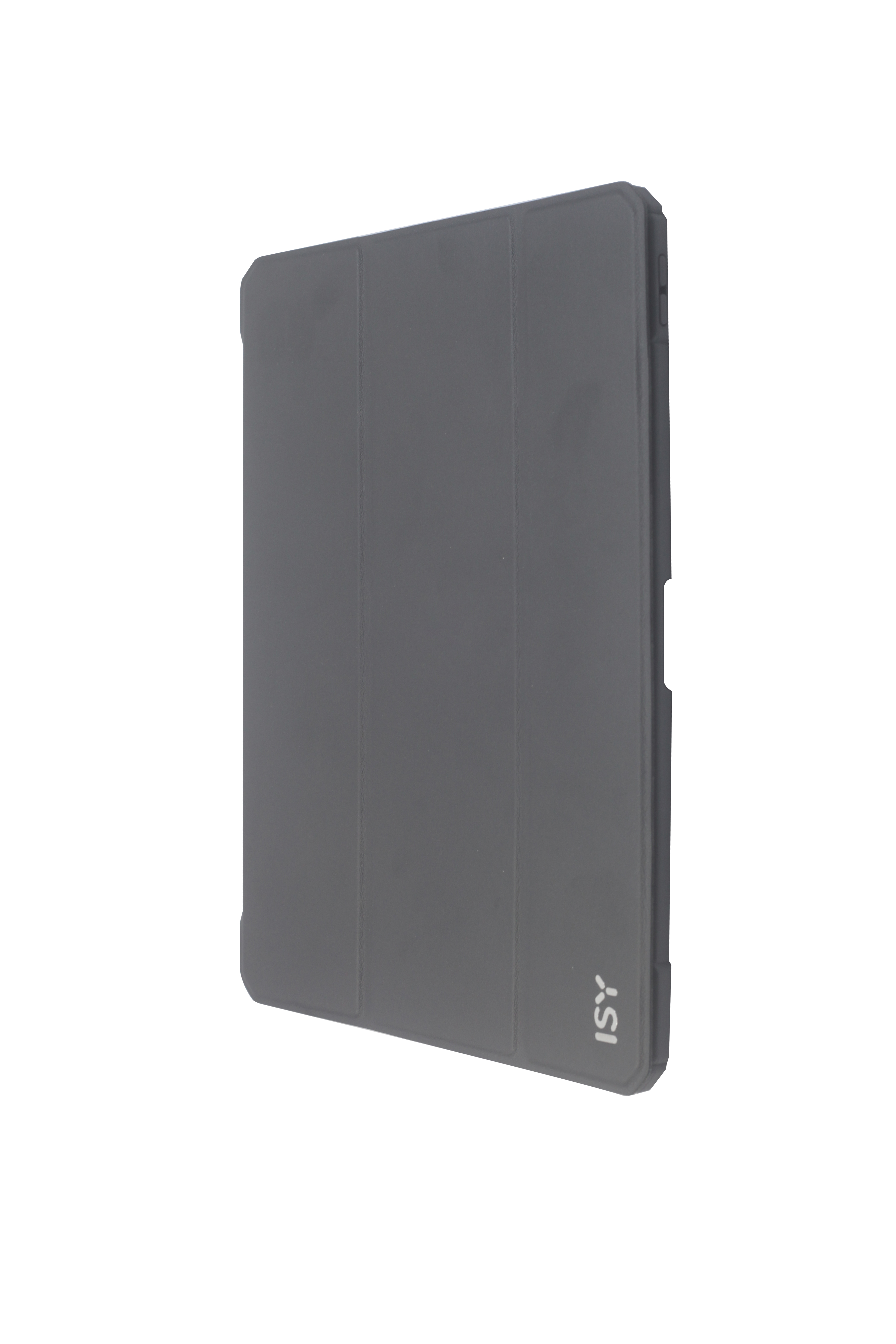 Ein dunkler grauer Tablet-Ständer mit dem ISY-Logo auf der rechten Seite.