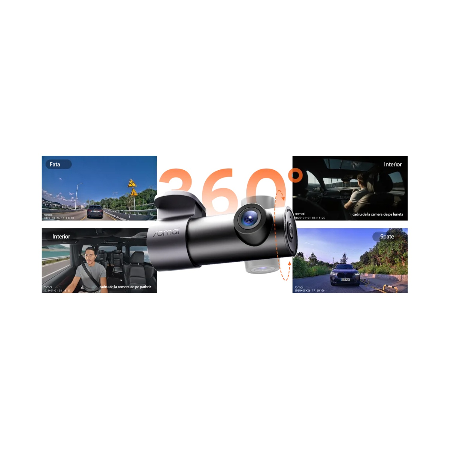 Telecamera auto a 360 gradi con viste frontali, interne e posteriori.