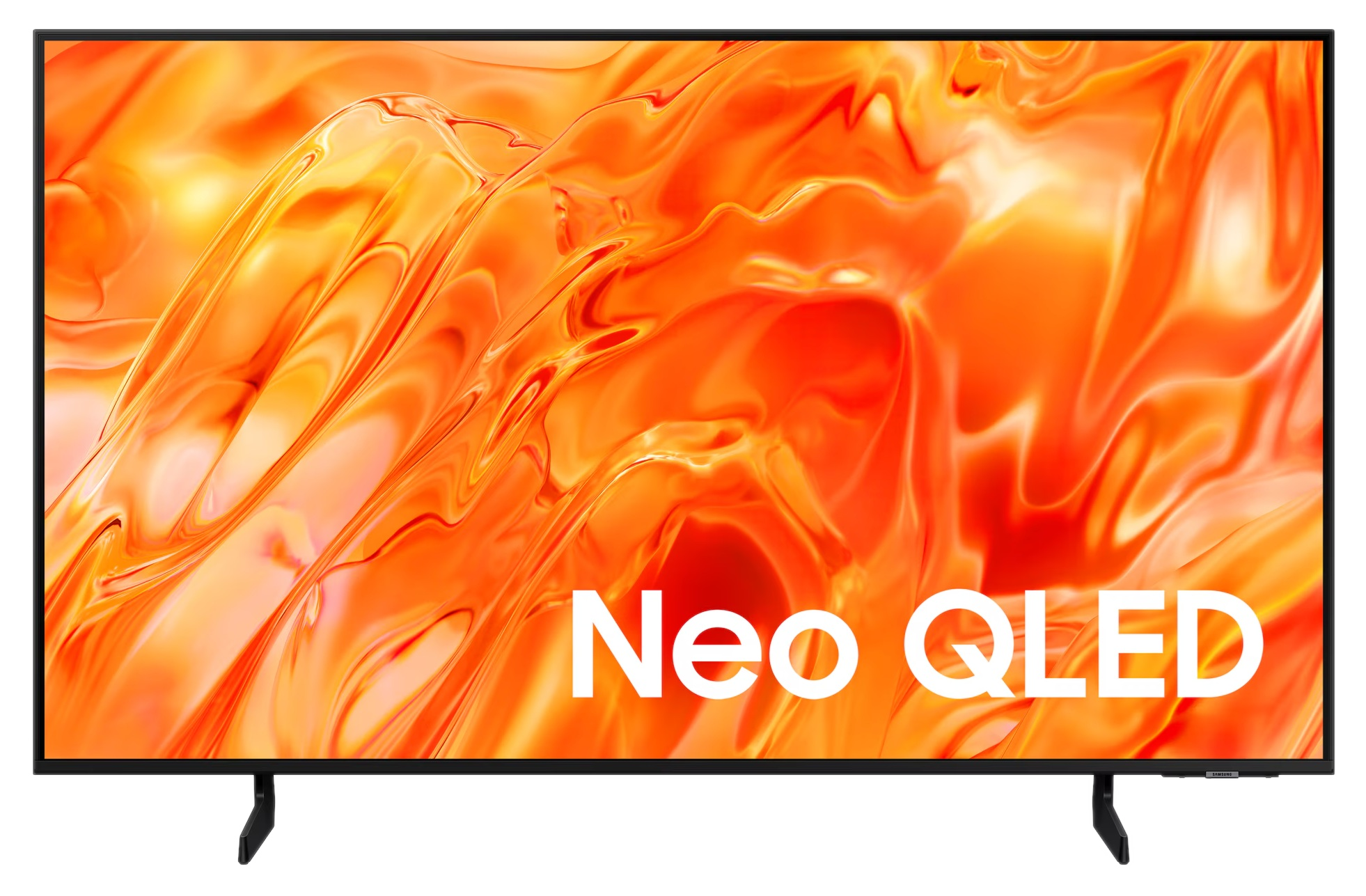 Nowoczesny telewizor wyświetla płynną, pomarańczowo-żółtą animację z napisem "Neo QLED".