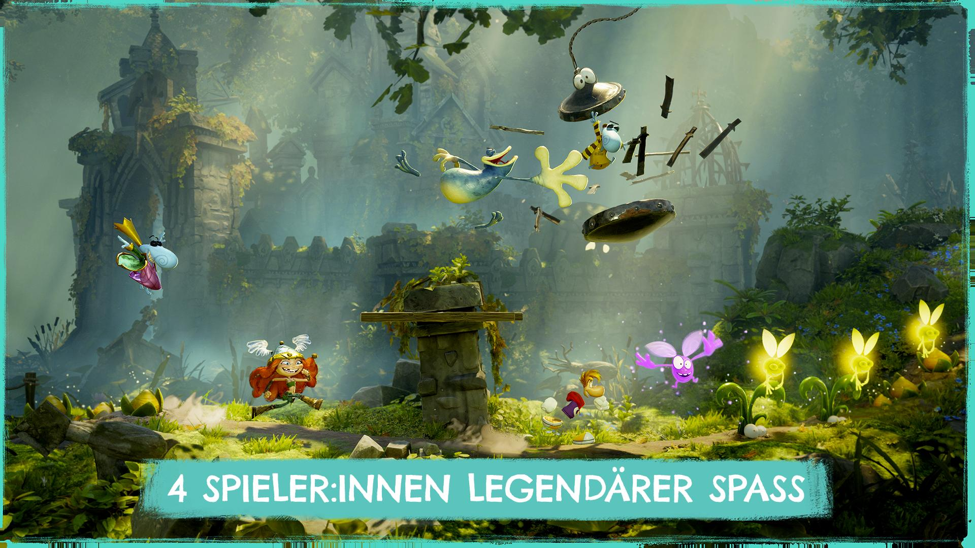 Bunte Charaktere fliegen in einer mystischen Ruinenlandschaft mit leuchtenden Pflanzen.