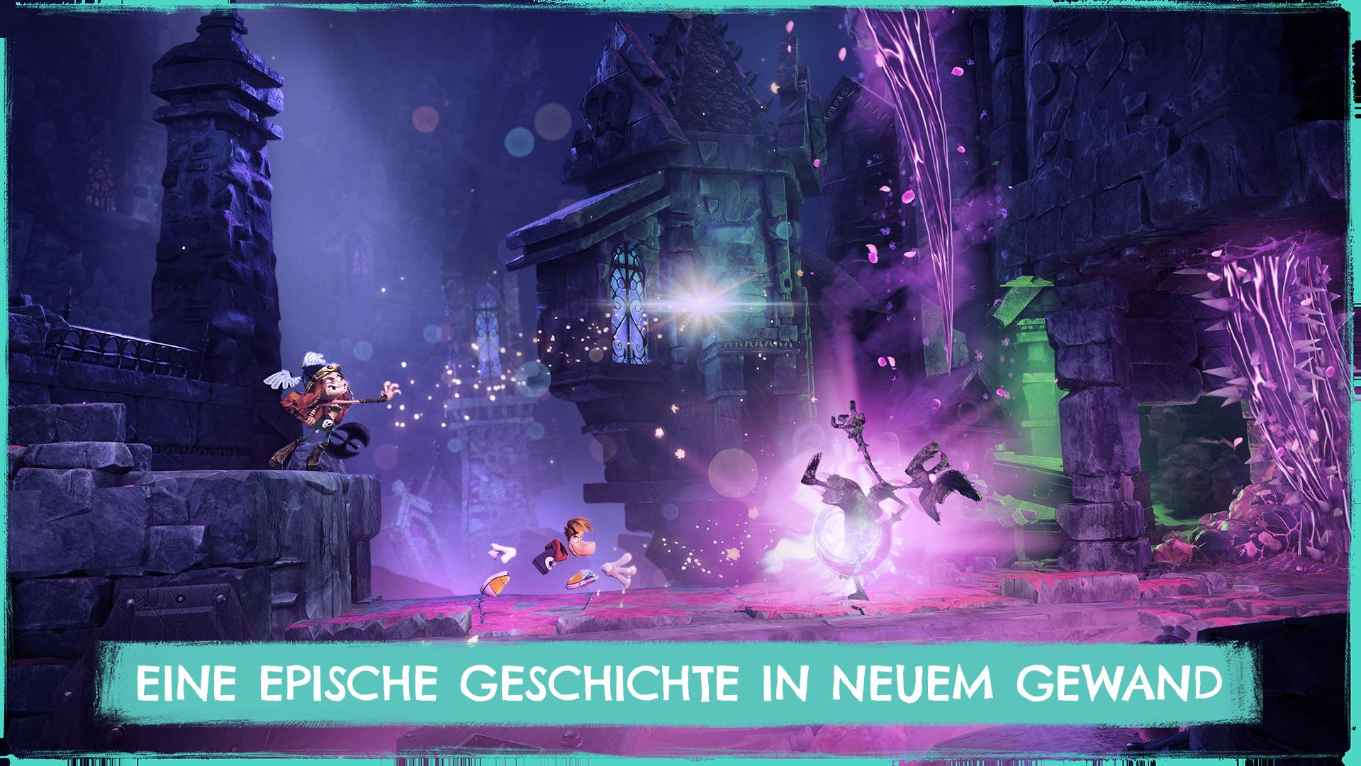 Figuren in einer dunklen, mystischen Welt mit leuchtenden Elementen und Burgen.