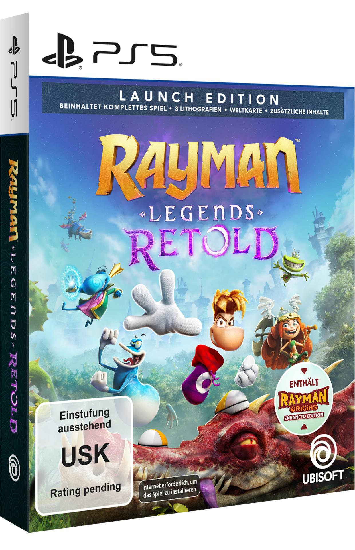 Rayman Legends Retold PS5 Launch Edition Hülle mit Charakteren und einem Drachen.