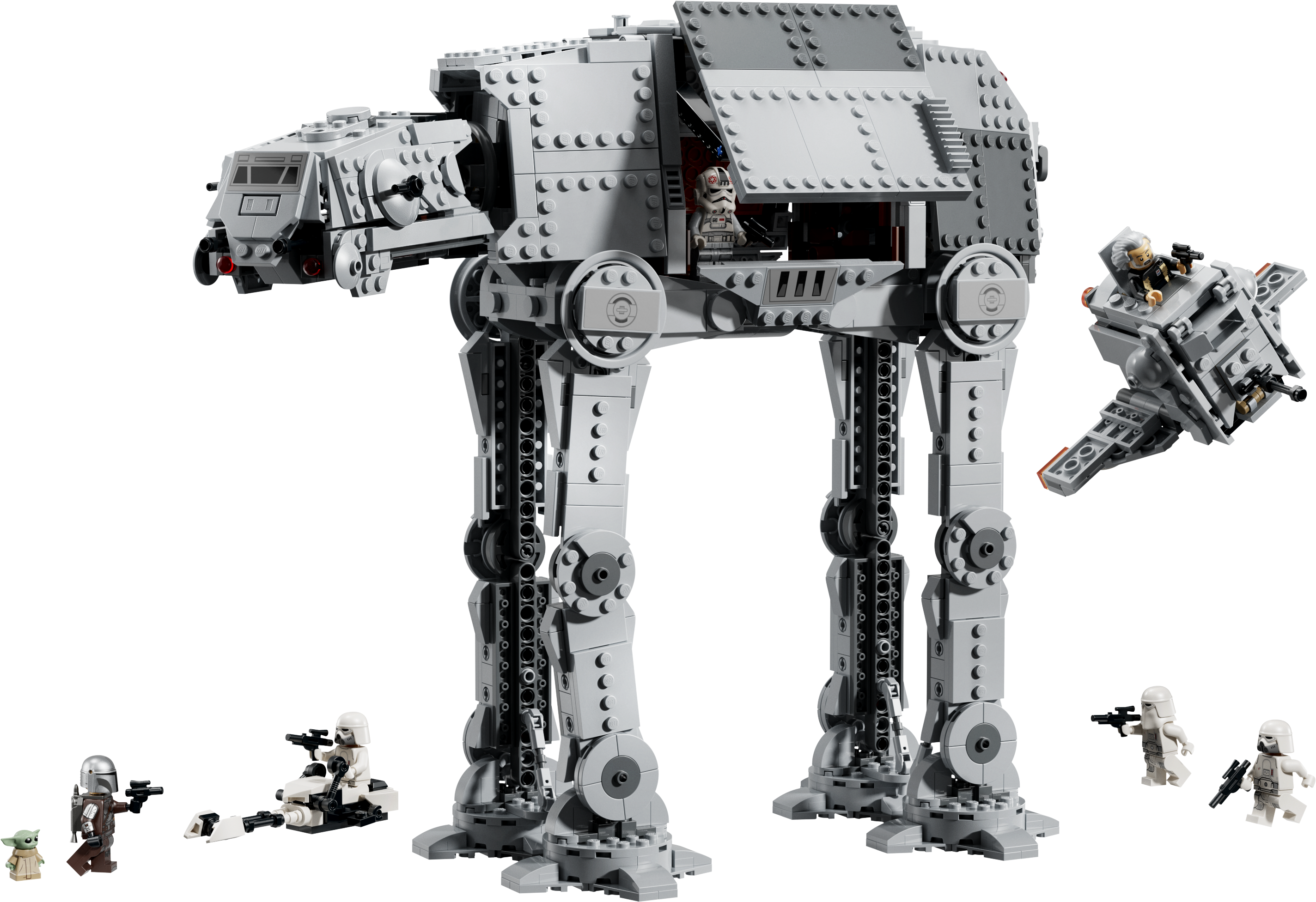 Ein Lego AT-AT Walker mit Figuren und einem Speeder auf schwarzem Hintergrund.