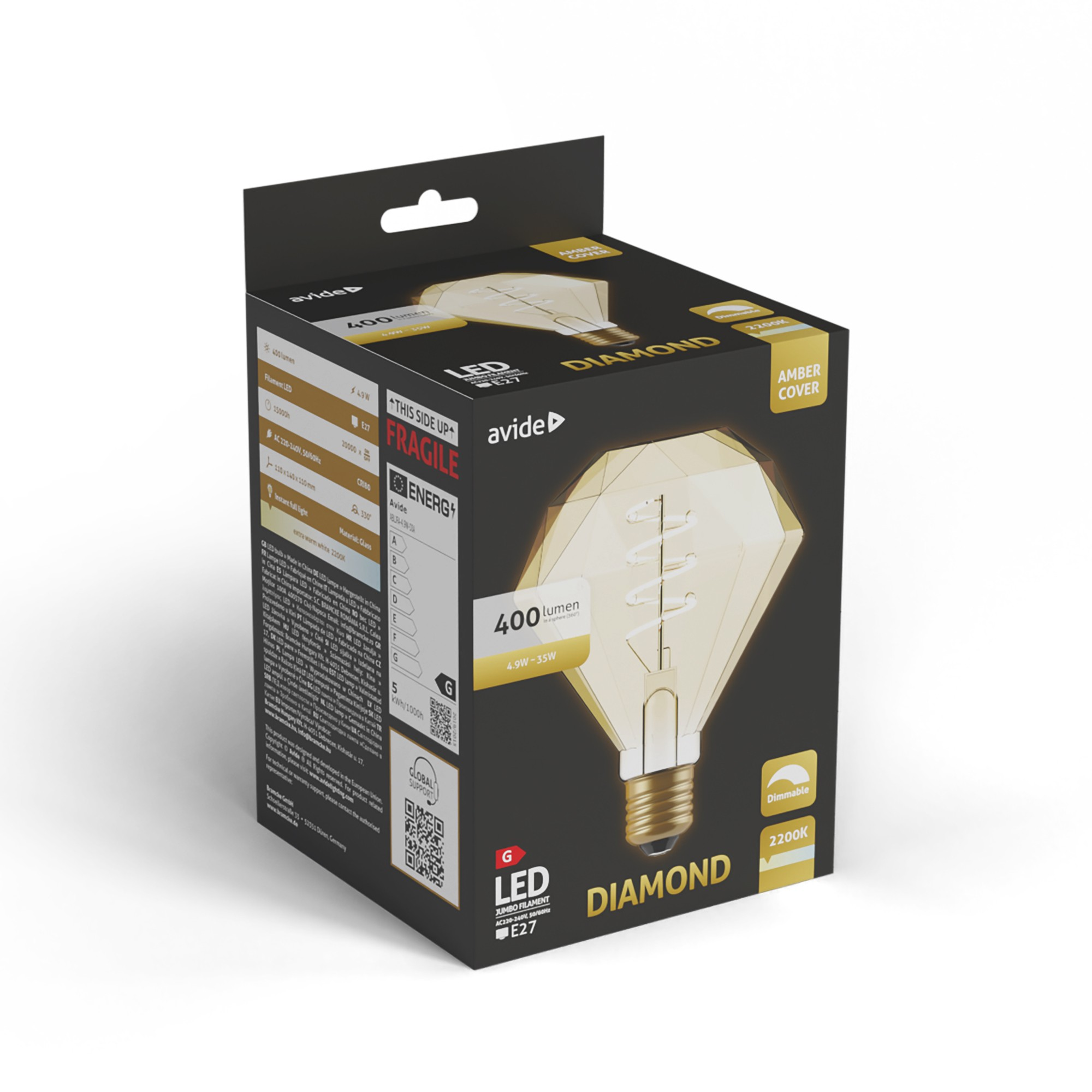 400 lumenes borostyán LED gyémánt izzó E27-es foglalattal doboza.