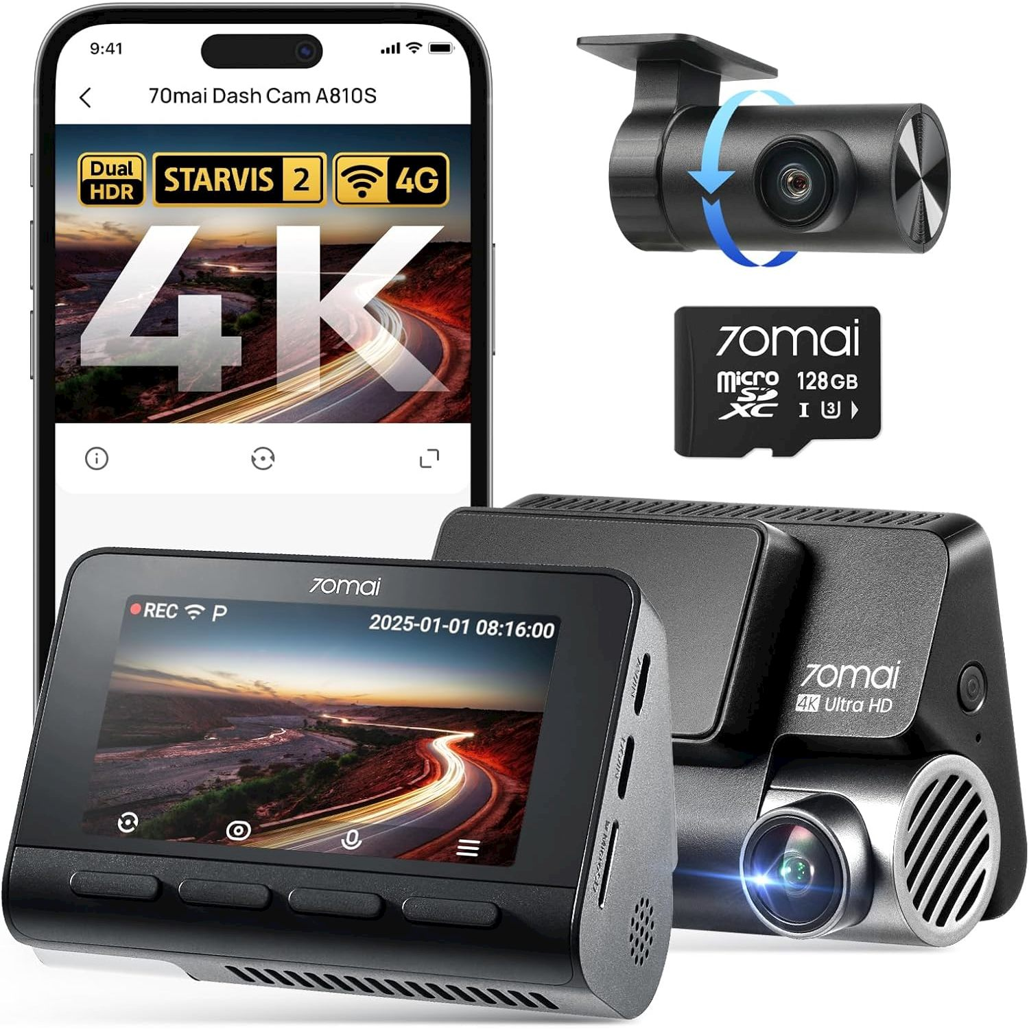 Dashcam 4K, scheda di memoria e accessori su sfondo bianco.
