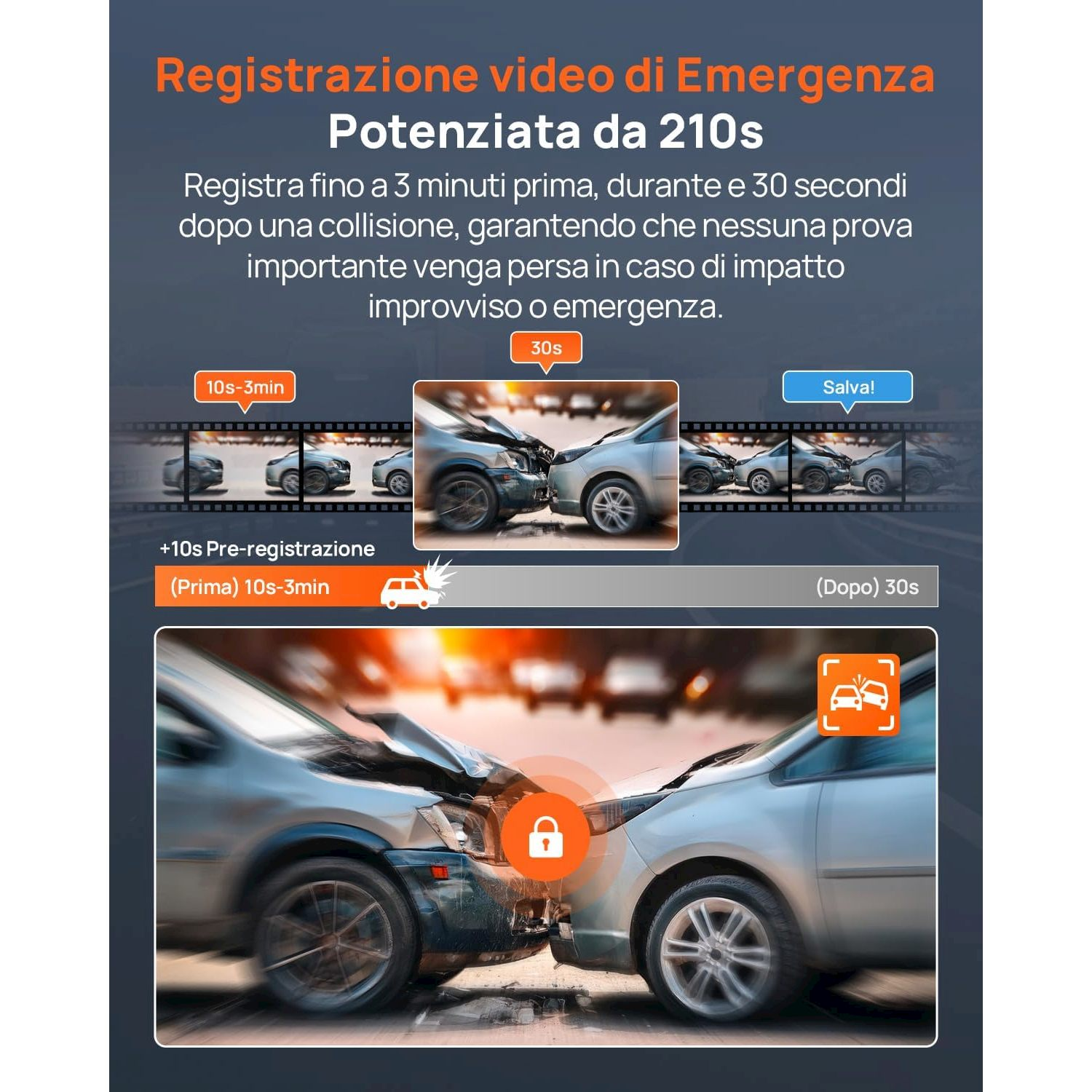 Due auto si scontrano durante una registrazione. Un'icona di lucchetto è visibile.