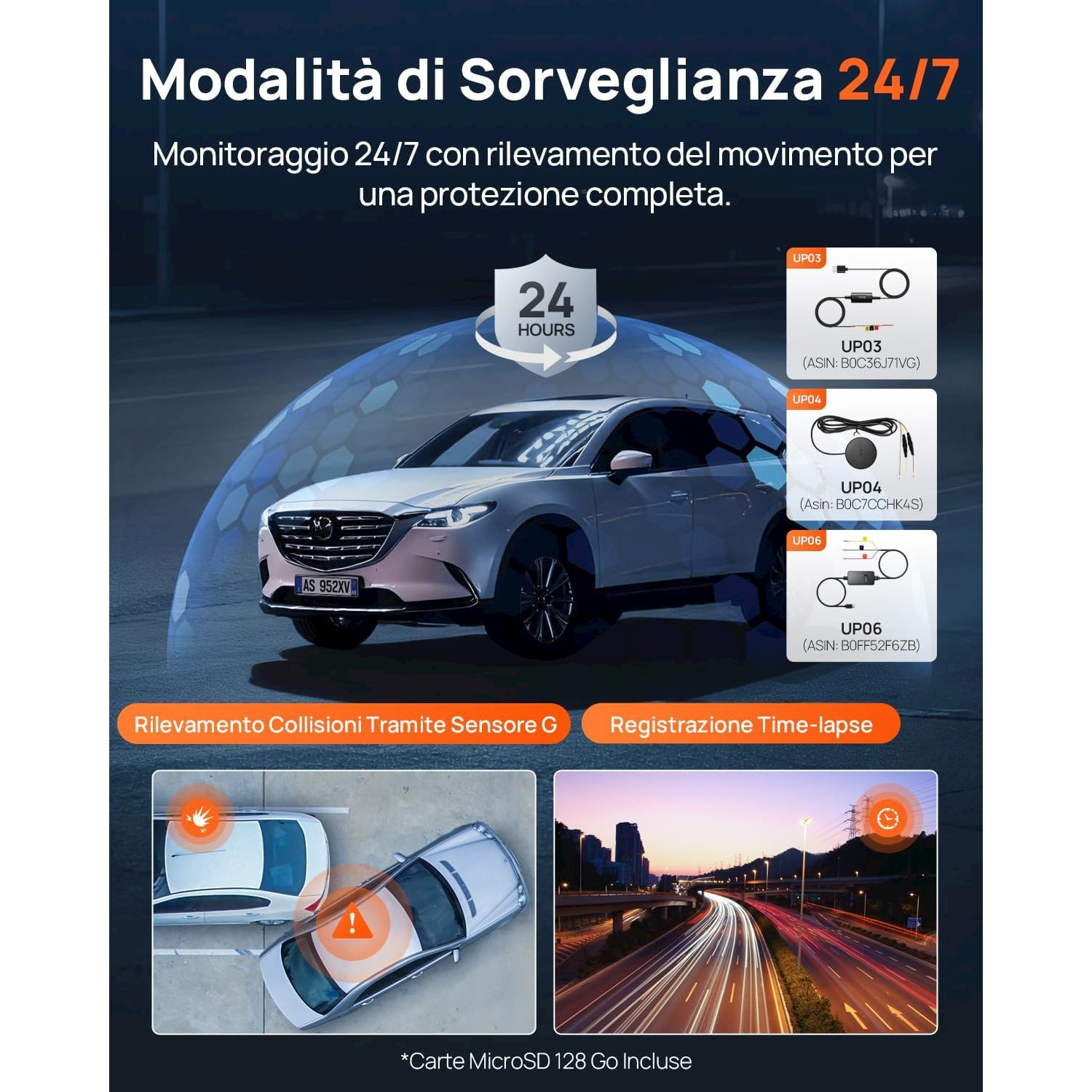 Un'auto è monitorata 24/7. Mostra rilevamento collisioni e registrazione time-lapse.