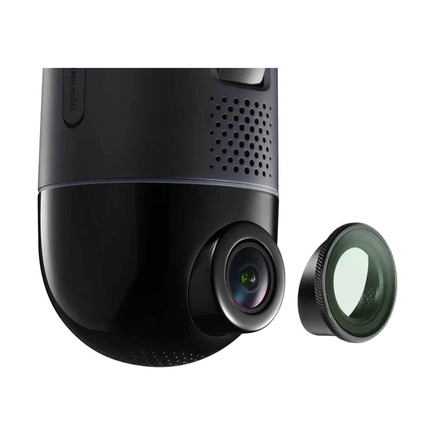 Telecamera da cruscotto nera con attacco lente. Slot MicroSD visibile.