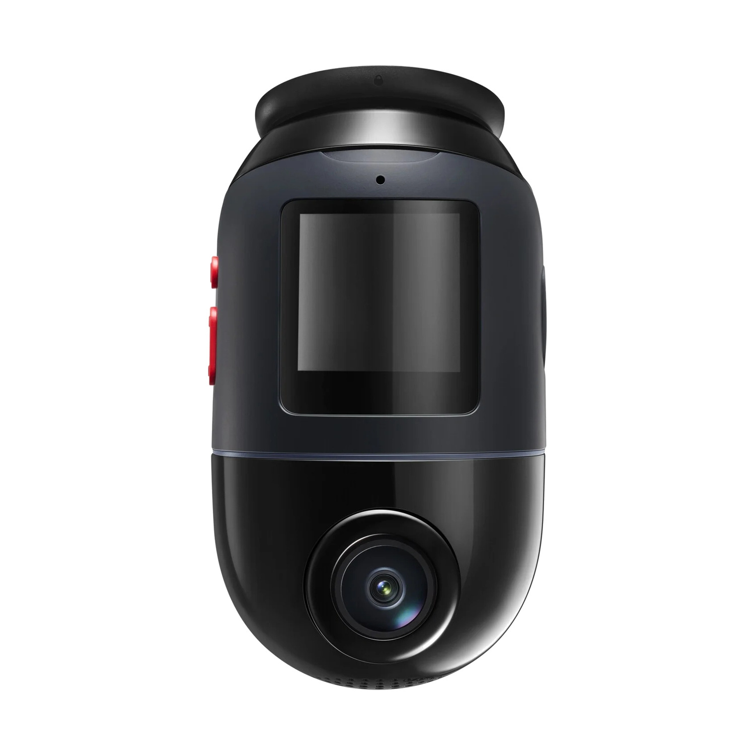 Una dashcam nera con un piccolo schermo e una lente.