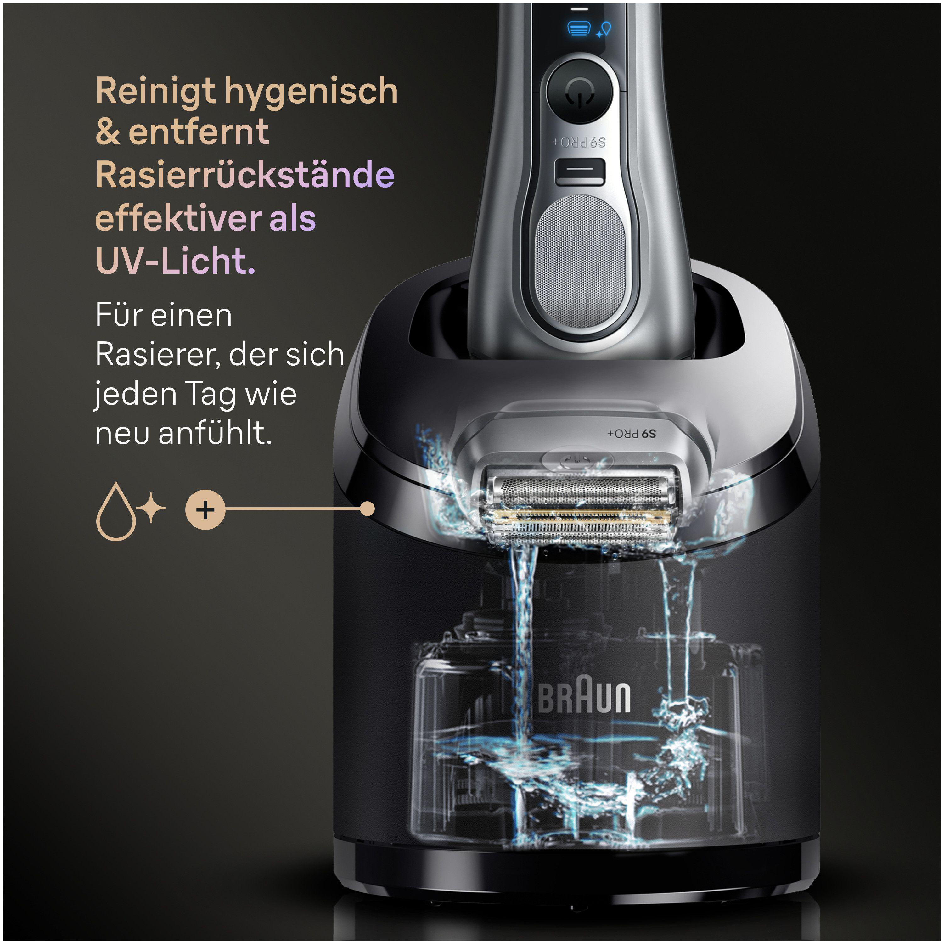 Ein Braun Rasierer in einer Reinigungsstation mit Wasser und UV-Licht.