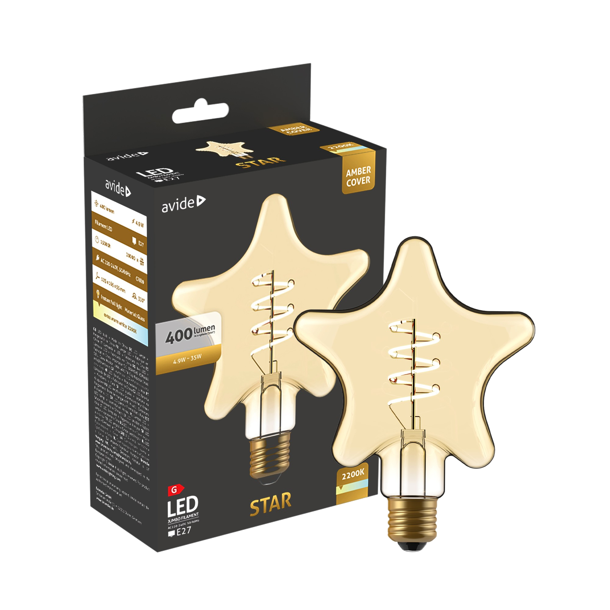 AVIDE Jumbo Filament Star Amber LED izzó, 4.9W, E27, 2200K, dimmelhető (ABLJFA-4.9W-STA)