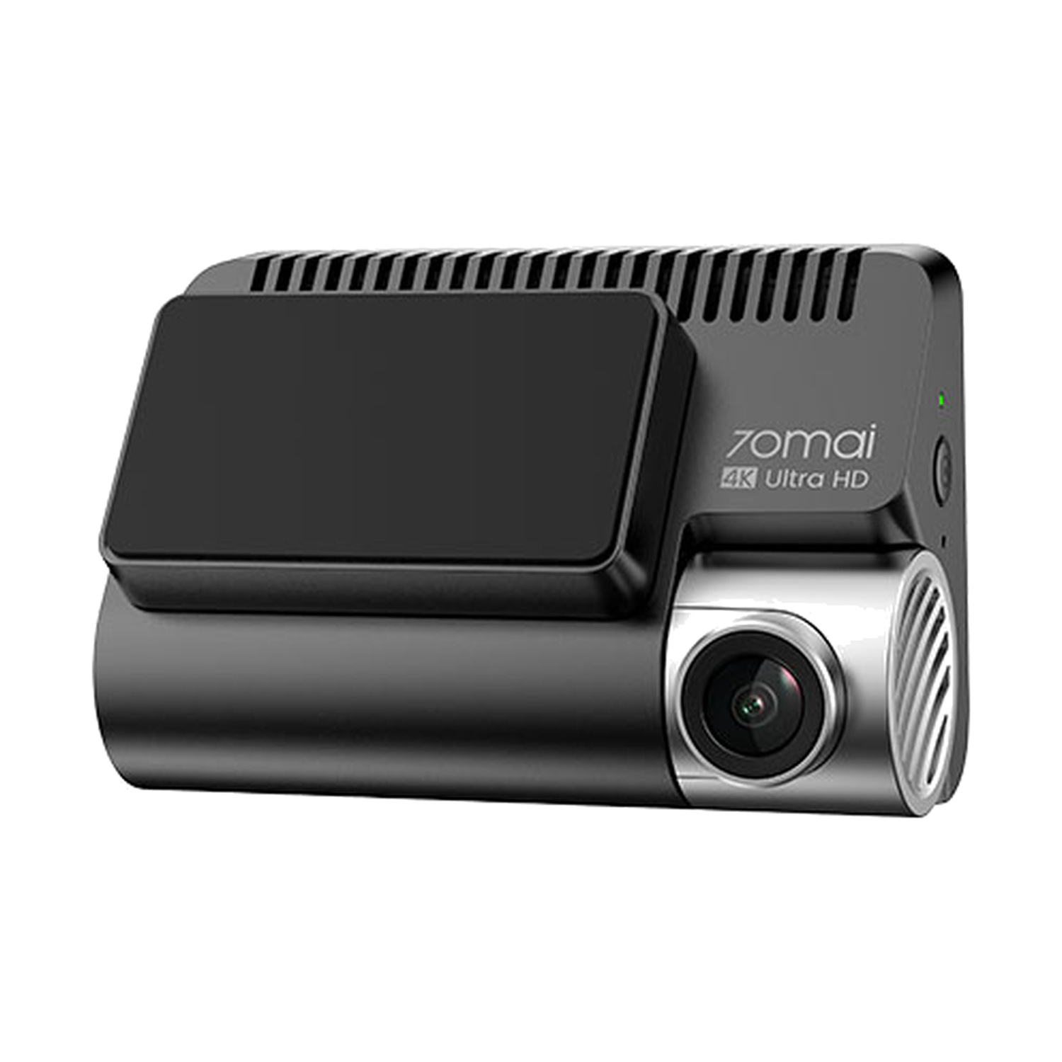 Una dashcam 70mai 4K Ultra HD nera con prese d'aria sopra.