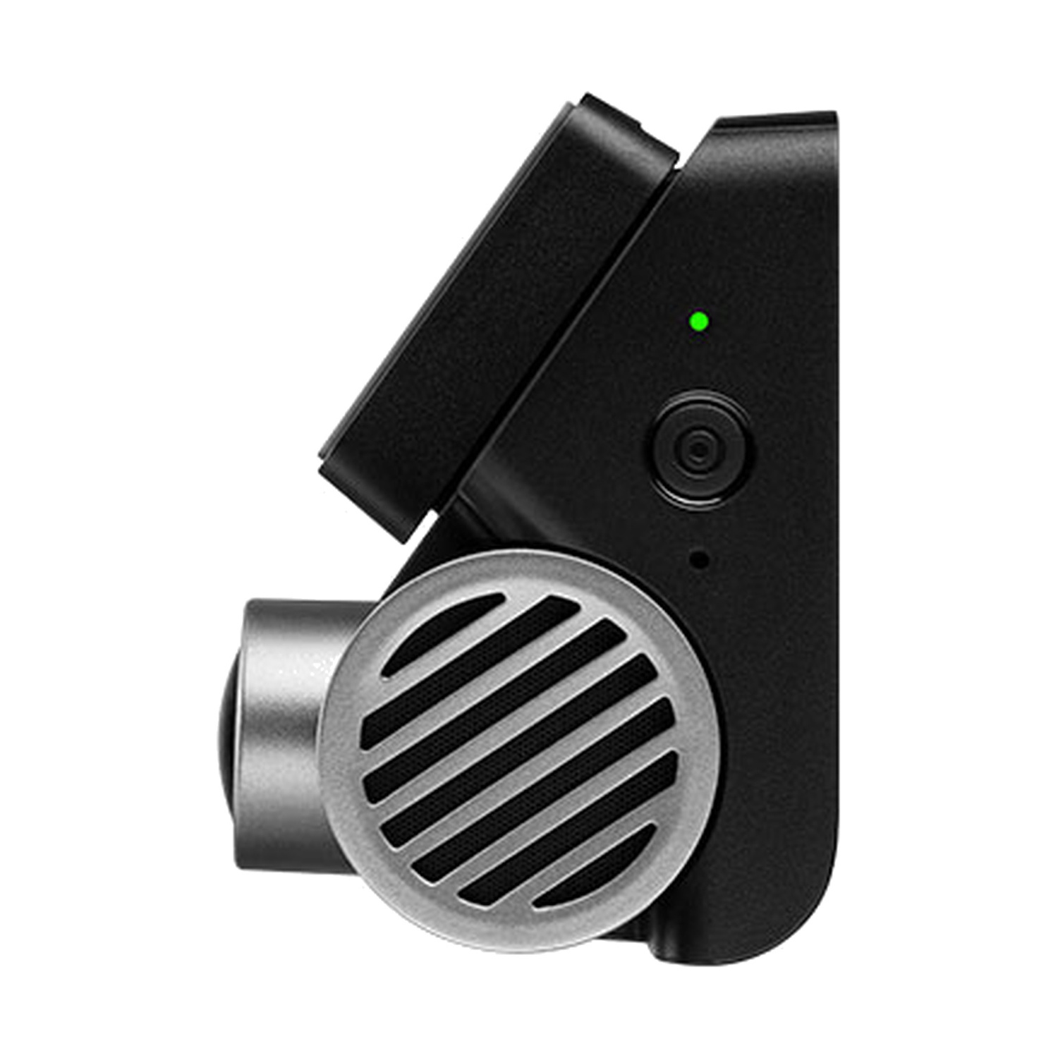 Dispositivo nero con griglia argentata e LED verde sul lato.