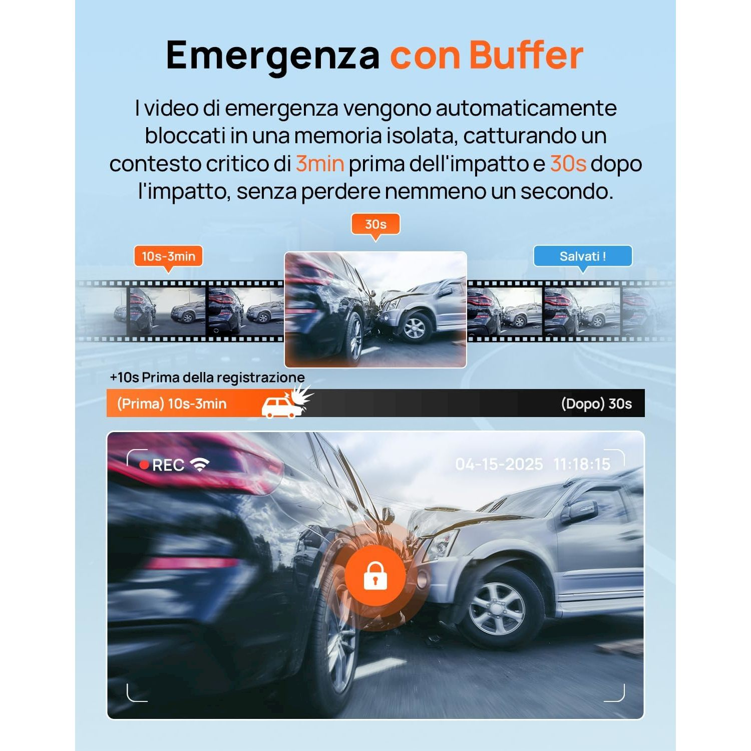 Due auto danneggiate dopo un incidente. Un'auto rossa mostra 'REC' e un lucchetto.