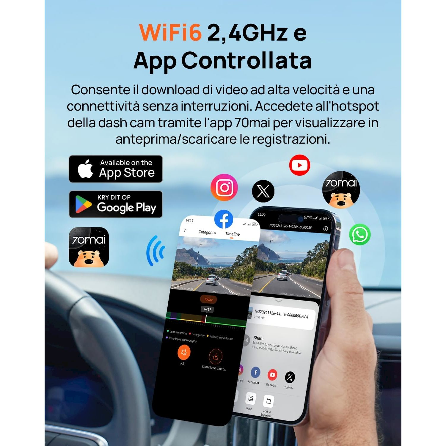 Controllo app per dashcam con WiFi6. Mostra schermo telefono con registrazioni e opzioni download.