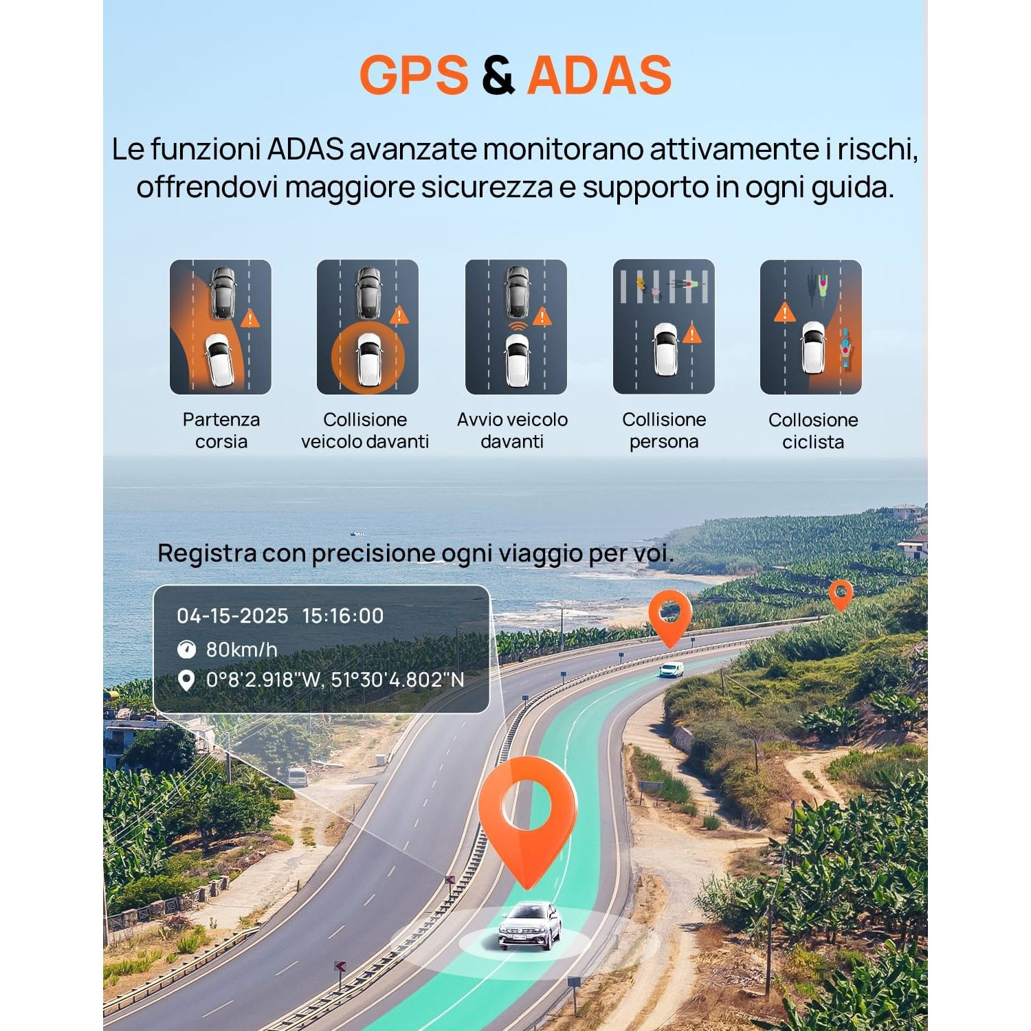 Schermo con funzioni GPS e ADAS, icone di avviso e vista stradale con indicatori di navigazione.