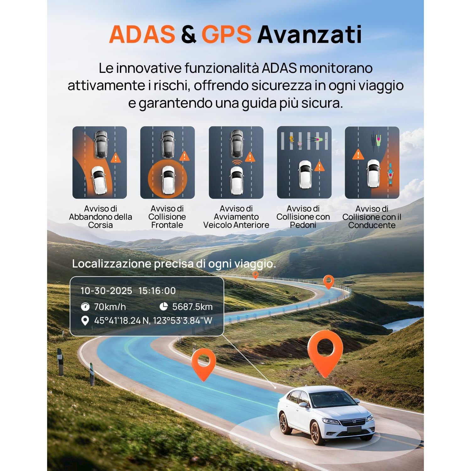 ADAS e GPS: Auto su strada tortuosa con display di navigazione e icone di avviso.