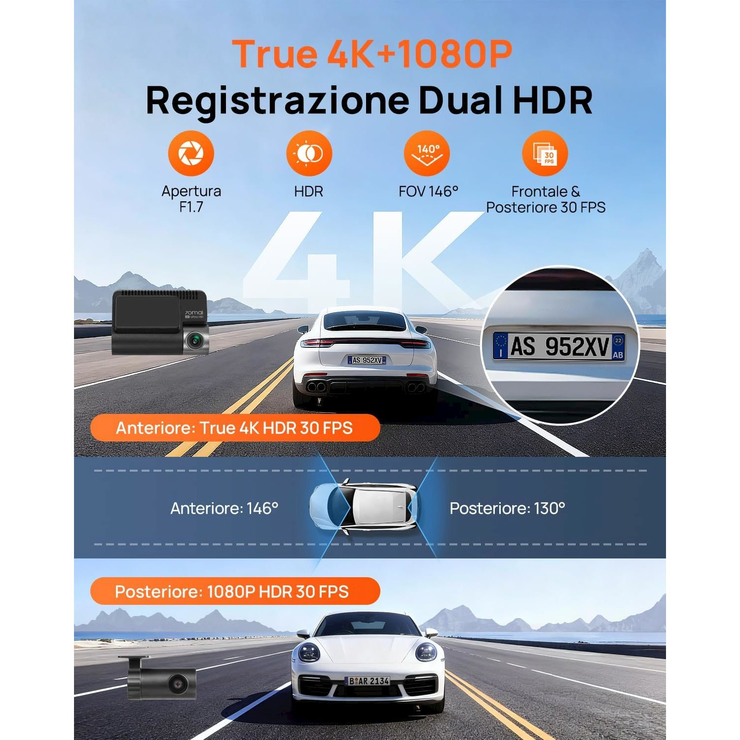 Due dashcam: anteriore 4K, posteriore 1080p. Mostra auto e specifiche.