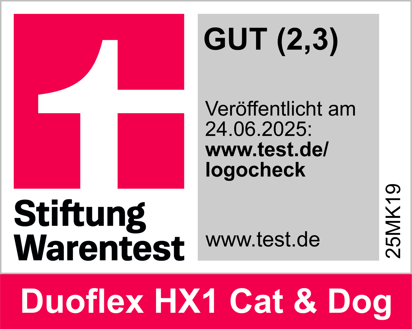 Stiftung Warentest Siegel für Duoflex HX1 Cat & Dog, GUT (2,3).
