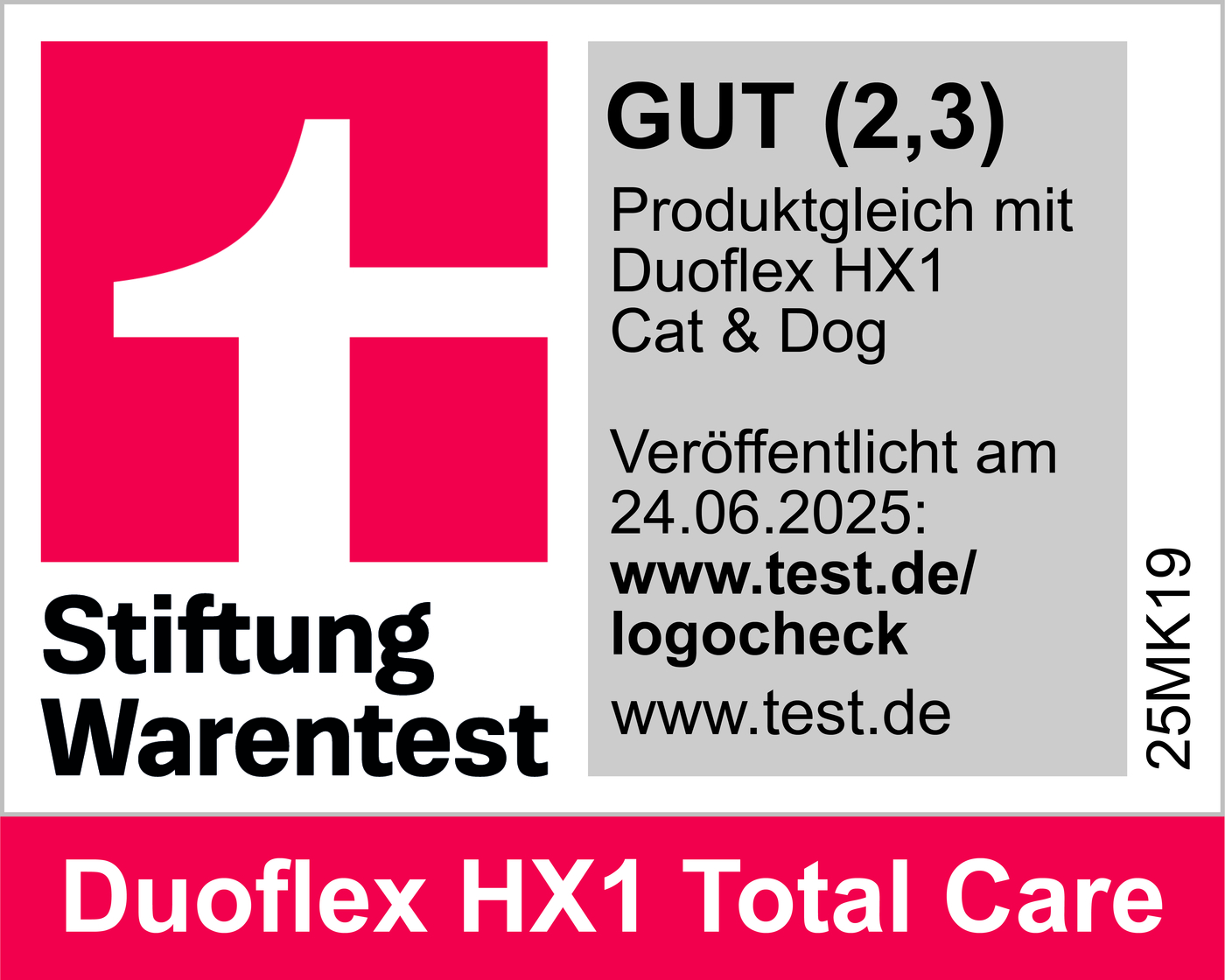 Stiftung Warentest Siegel: GUT (2,3) für Duoflex HX1 Total Care.