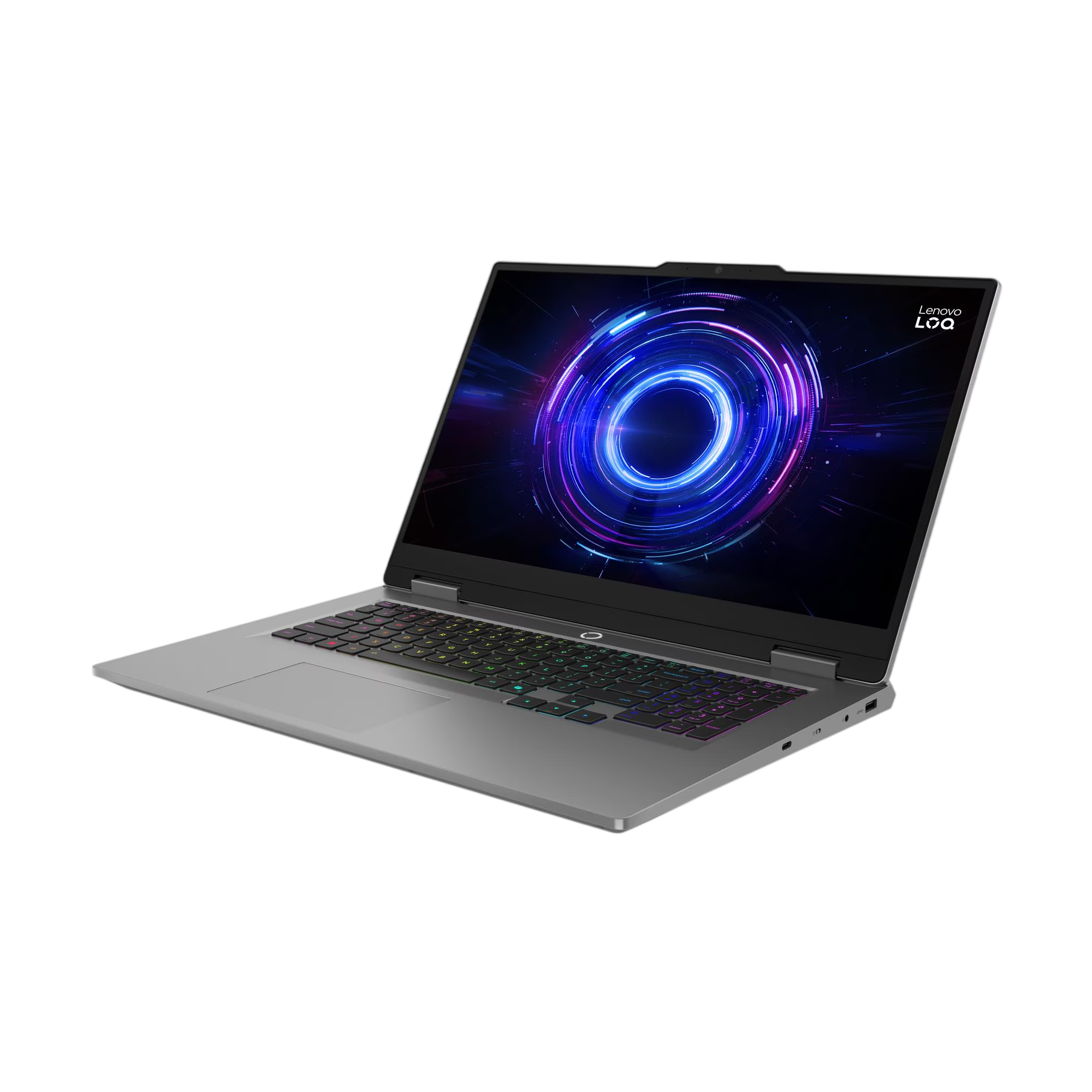 Ein silberner Laptop mit beleuchteter Tastatur und einem abstrakten blauen Kreis auf dem Bildschirm.